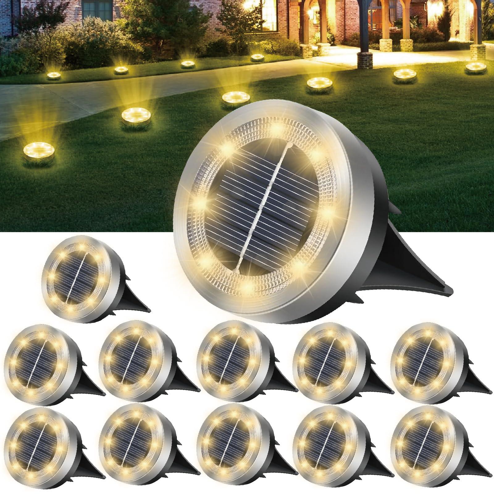 Seruno X Warm White Solar Lights Outdoor Garden – 12 Pack 8 Led Solar Ground Lights, Ip65 Waterproof, For Pathway, Lawn, Yard Decorative Lighting (Warm White)