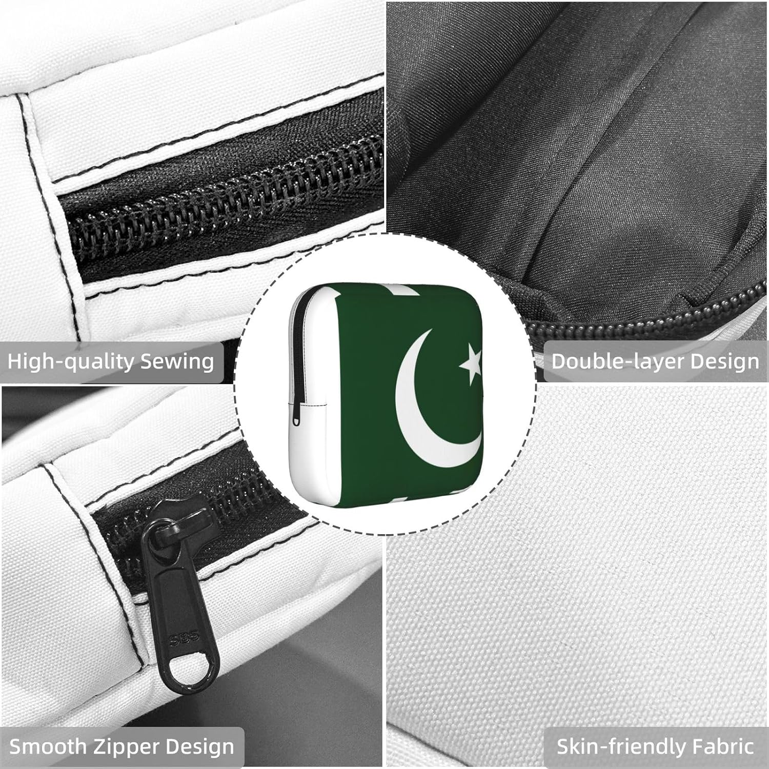 Flag Of Pakistan Print Women Period Bag Sanitary Pouch Portable Pad Pouch Tampon Holder Small Zipper Pouch Storage Bag