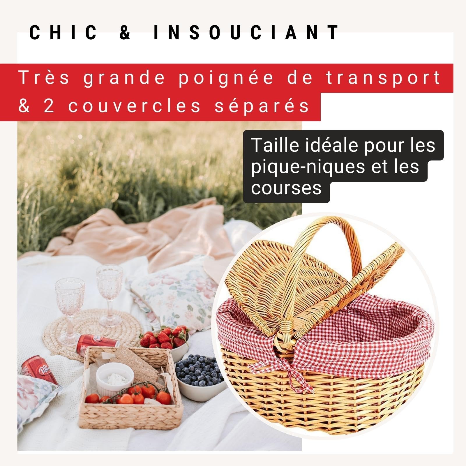 WOMA Panier en Osier Avec Doublure Rouge à Carreaux Blancs - Naturel Tressé Avec Couvercle & Anse - Pour Courses, Pique-Nique ou Cadeau