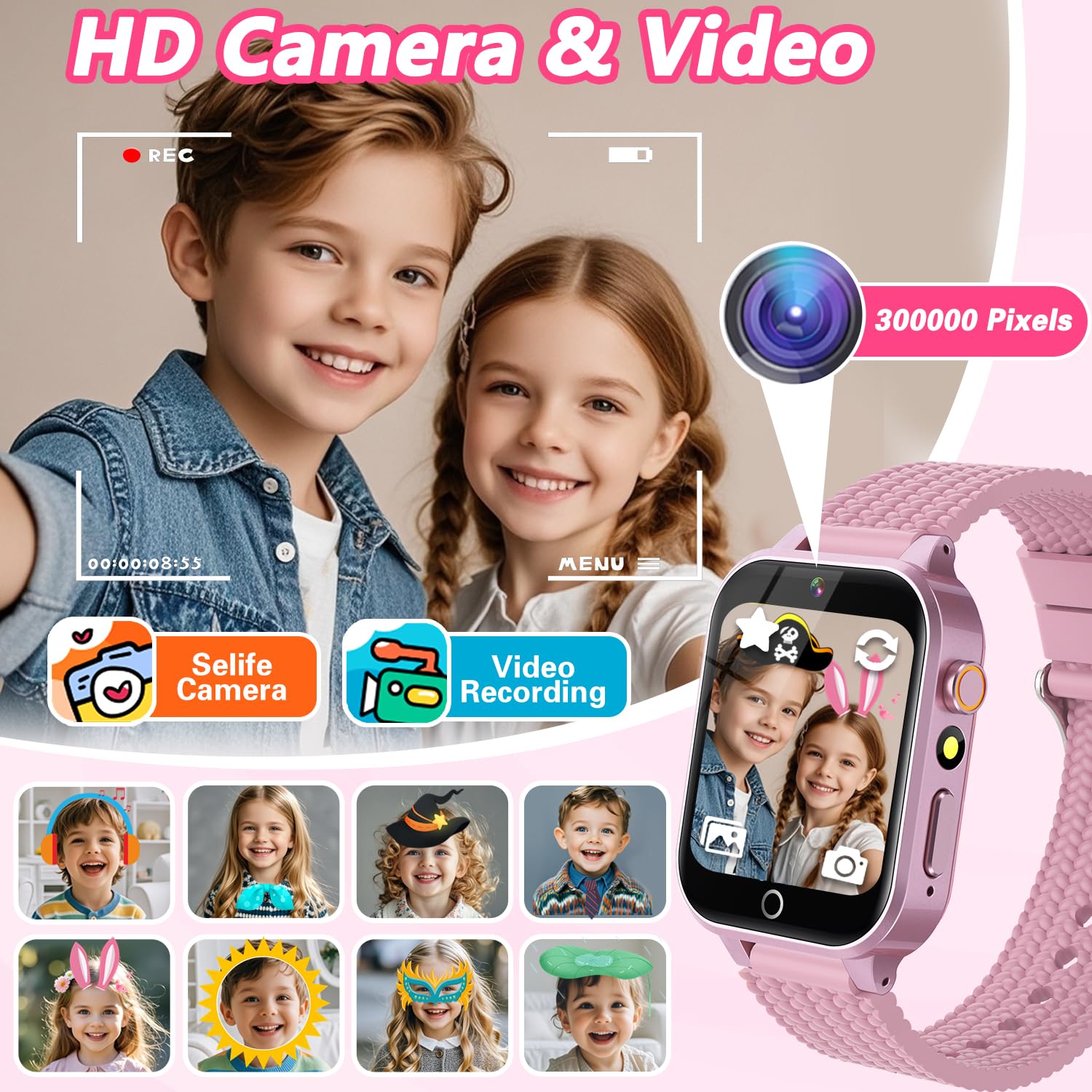Smart Watch per bambini e ragazze, regalo dai 3 ai 12 anni, 2 pellicole proteggi schermo, 26 giochi di puzzle, fotocamera HD, lettore musicale e video touchscreen, pedometro, giocattolo educativo