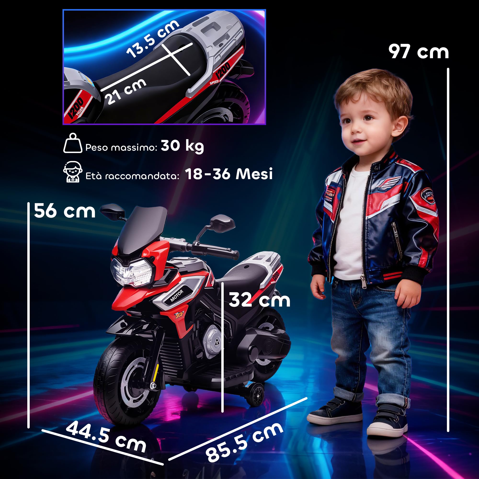 AIYAPLAY Moto Elettrica per Bambini 18-36 Mesi, 6V Motorino Elettrico per Bambini con Rotelle Rimovibili, Fari, Musica, 2.4 km/h Mini Moto con Fanale, Max 30kg, Rosso