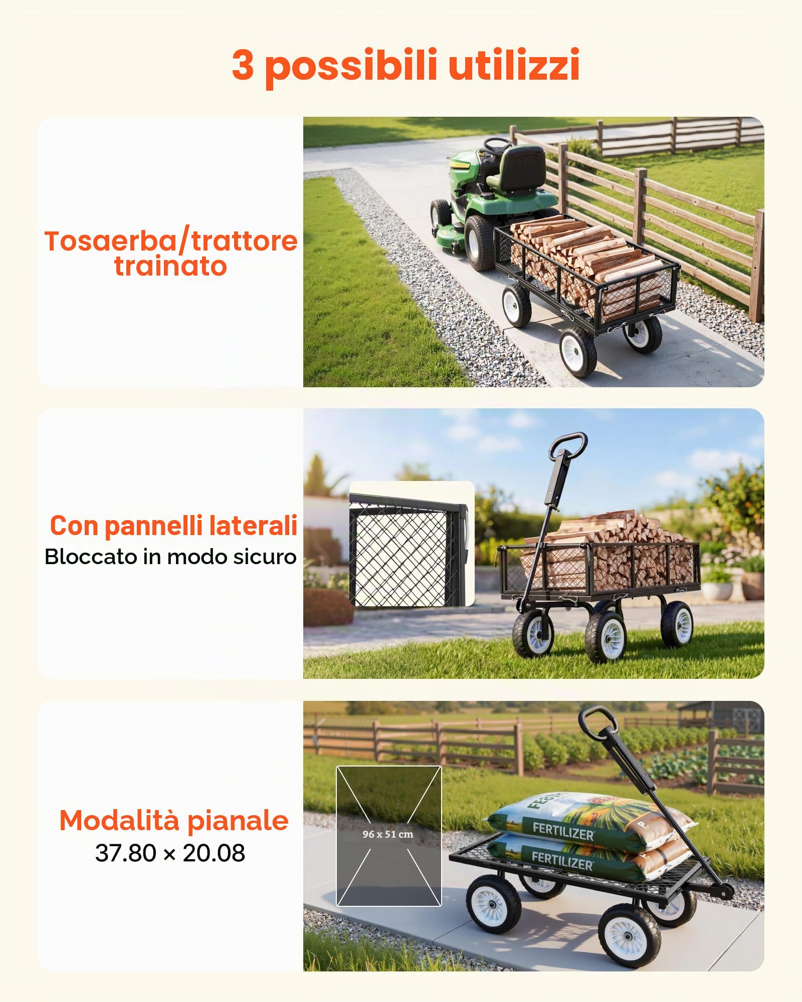 VEVOR Carrello Portaoggetti da Giardino Carico max 408,2 kg Carrello da Trasporto per Legna Terra Detriti Lati Rimovibili Pneumatici Antiforatura in PU, Carretto Compatibile con Trattore ATV, Nero