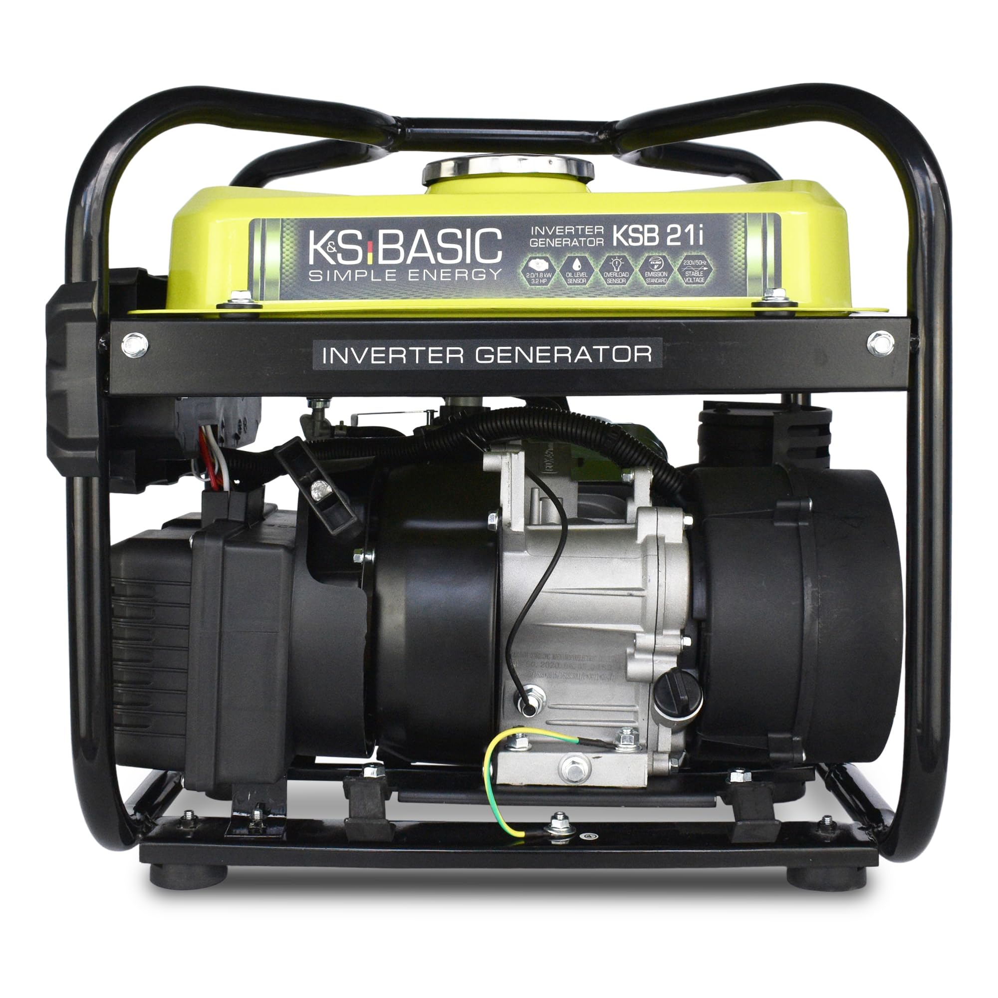 K&S Basic KSB 21i - Generatore di corrente a benzina a 4 tempi, 2,9 CV, con regolatore di tensione automatico, protezione contro la mancanza di olio, norma di scarico EURO V, 2000 W, 2 x 16 A (230 V)