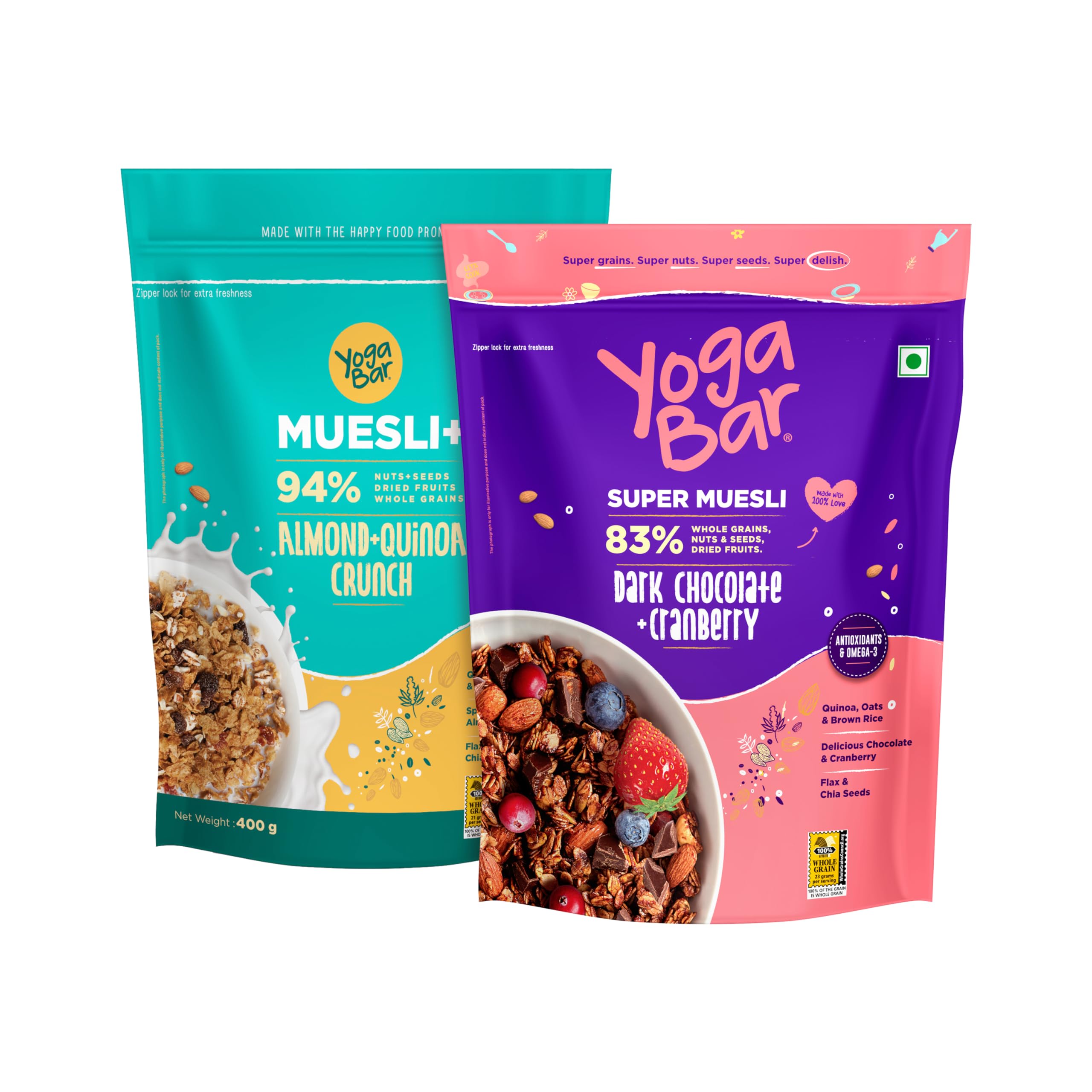 Yogabar Wholegrain Breakfast Muesli | Dark Chocolate Cranberry | Almond + Quinoa Crunch | 400g Each (B08PC3C764) Amazon Price History, Amazon Price Tracker