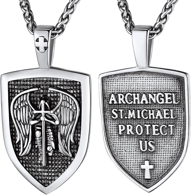 bandmax Men Faith Pendant Necklace Stainless Steel St.Michael Guardian Necklace The Archangel Protection Amulet Necklace -with 22+2" Spiga Chain