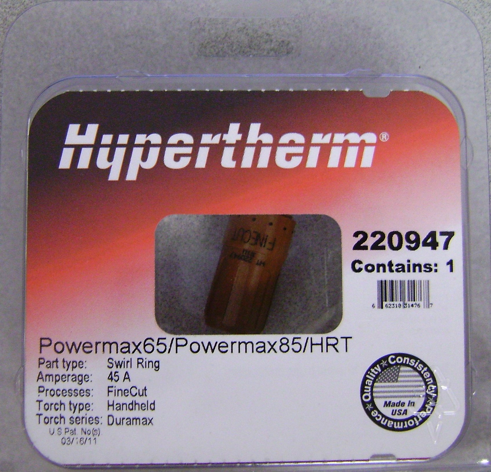 Hypertherm 220947 Fine Cut Swirl Ring for Powermax65/85/105 Plasma Torch, 45 Amp