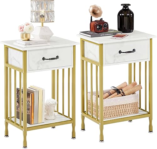 Miniatura 58 de VECELO Mesitas de noche, mesa auxiliar industrial/mesas auxiliares con cajón y estante de almacenamiento, mesitas de noche para dormitorio, sala de