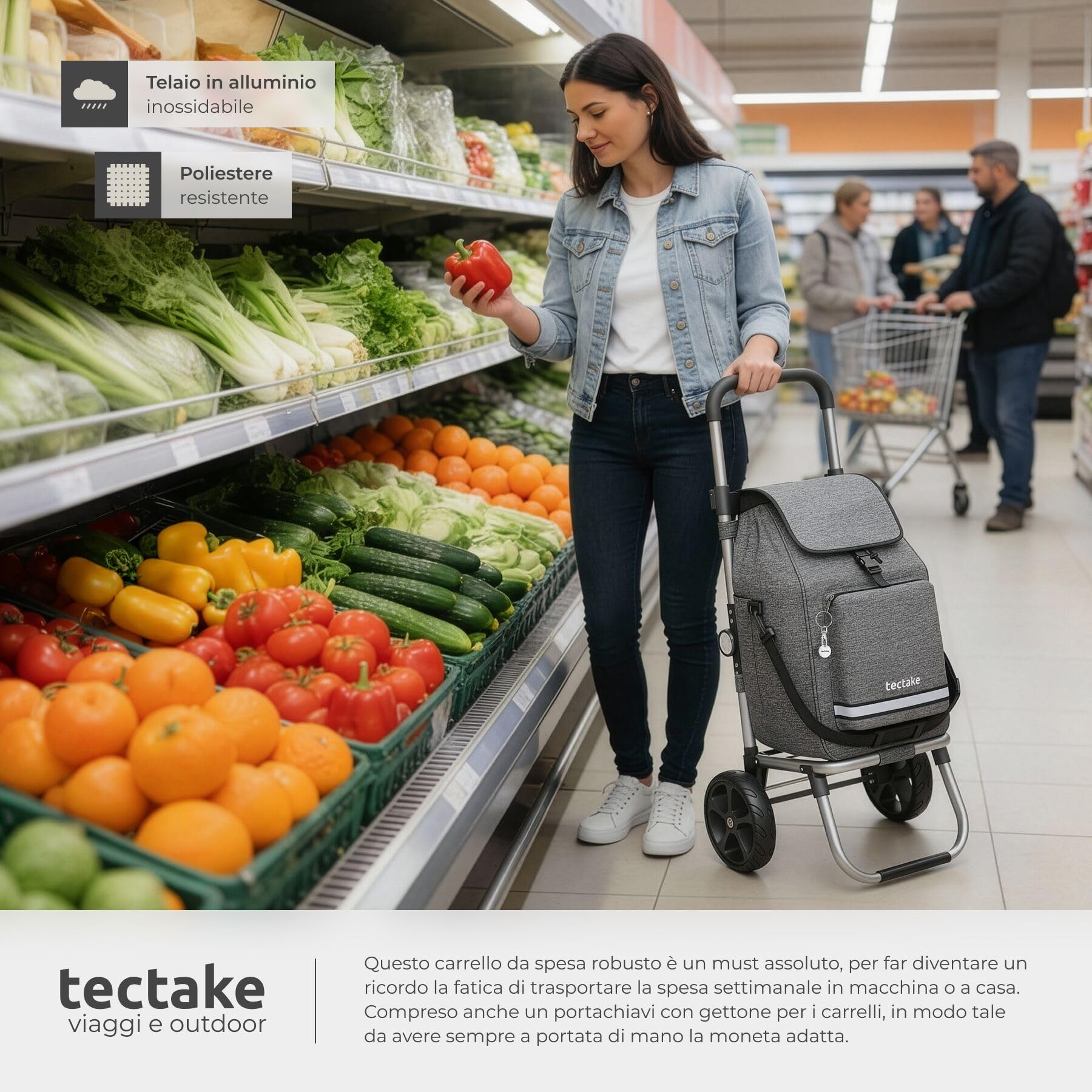 tectake® Carrello Spesa Shopper 3 in 1, Trolley Pieghevole con Borsa Termica per Surgelati, Carrello con Ruote Portatutto, Carrellino Spesa Con Ruote Scorrevoli, Capacità max 30 kg / 56 L - Grigio
