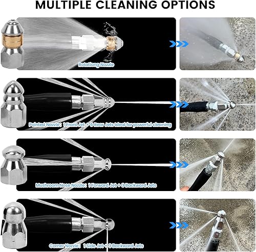 Miniatura 4 de Kit de chorro de alcantarillado a presión de 100 pies, manguera limpiadora de drenaje de chorro de agua de 5800 PSI con boquilla de nariz de botón