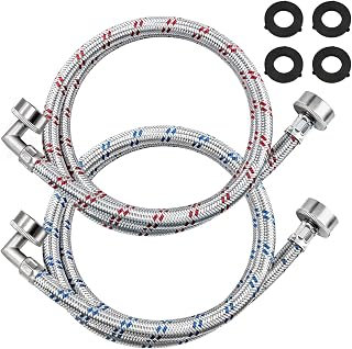 Beaquicy Upgraded 4FT Stainless Steel Washer Hoses with 90° Elbows - Burst-Proof No-Lead Hot & Cold 2-Pack Supply Lines