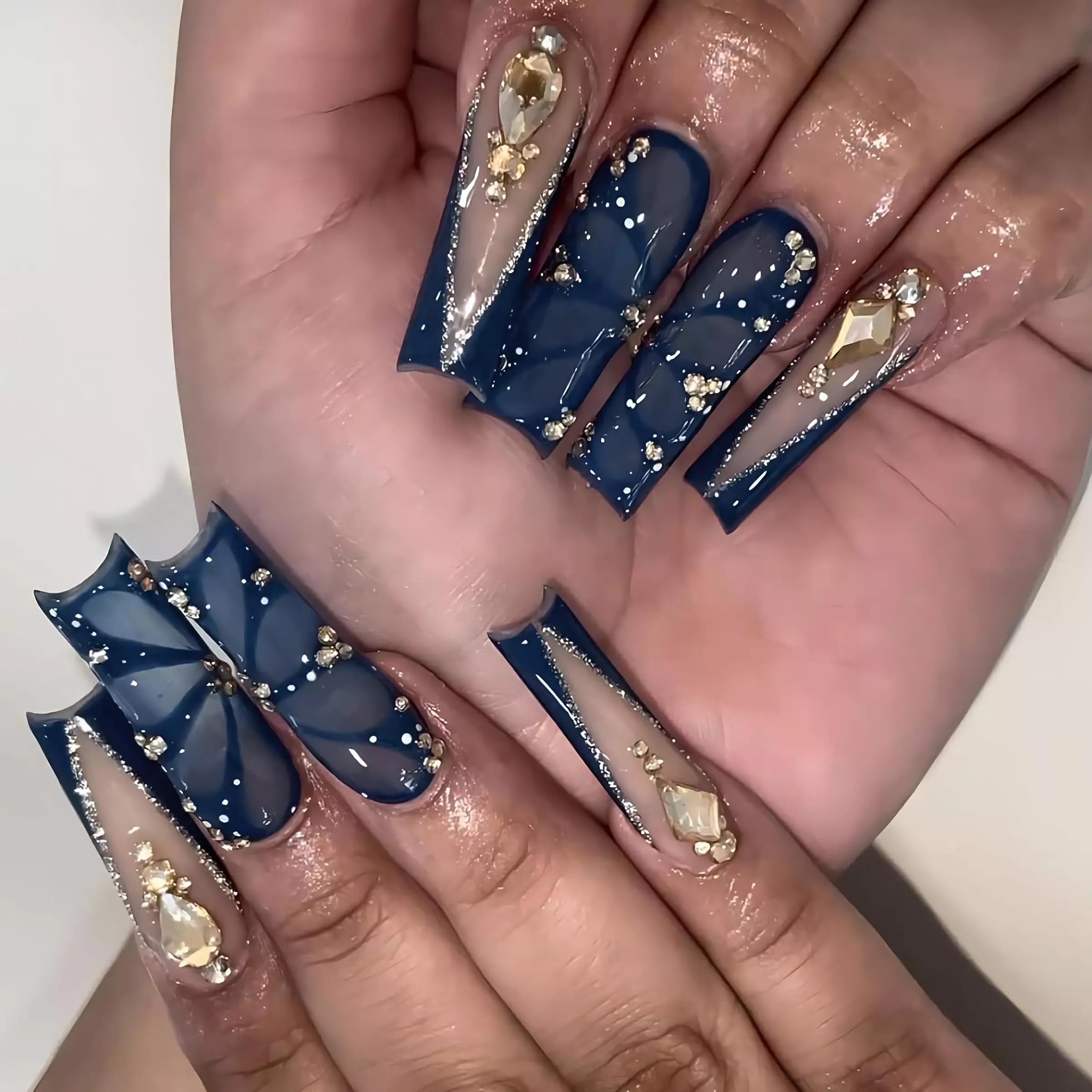 BABALAL Long Square Press on Nails Blue French Tip Fake Nails with Butterfly Gold Rhinestone Charm Shine Luxury Handmade Acrylic Squoval Manicure Kit