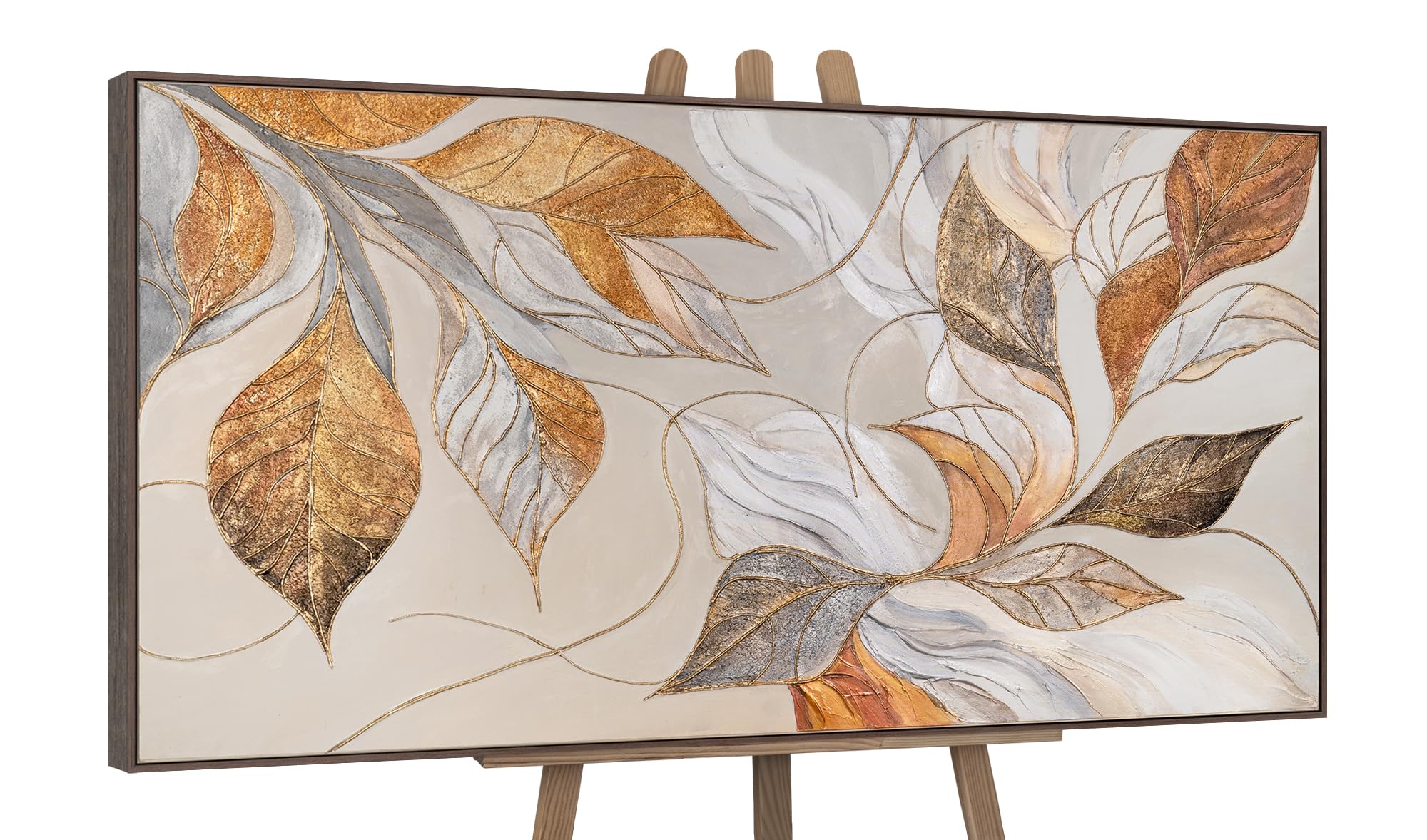 YS-Art Original Handmade Painting – Botanical Leaf in Gold, Beige, and Brown, Textured Artwork on Canvas, Framed Wall Decor for Dining Room Kitchen 63x32 inches