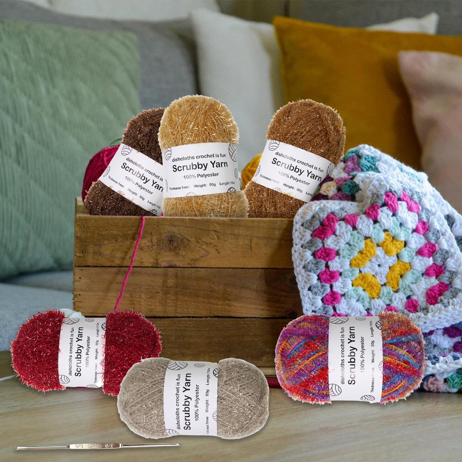 Häkelgarn – verschiedene Farben, Garn-Sortiment, Häkelgarne, strukturiertes Glanzgarn, für Badetücher, Geschirrtücher, Waschlappen, Häkeln, Stricken, Bastelgarne, Zubehör-Set