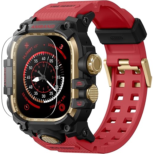 amBand Rugged Case with Band for Apple Watch Ultra 3/2/1 49mm, M3 Military Grade Shockproof Cover, Includes Screen Protector Kit, Tactical Band for Men - Compatible with iWatch Ultra, Red