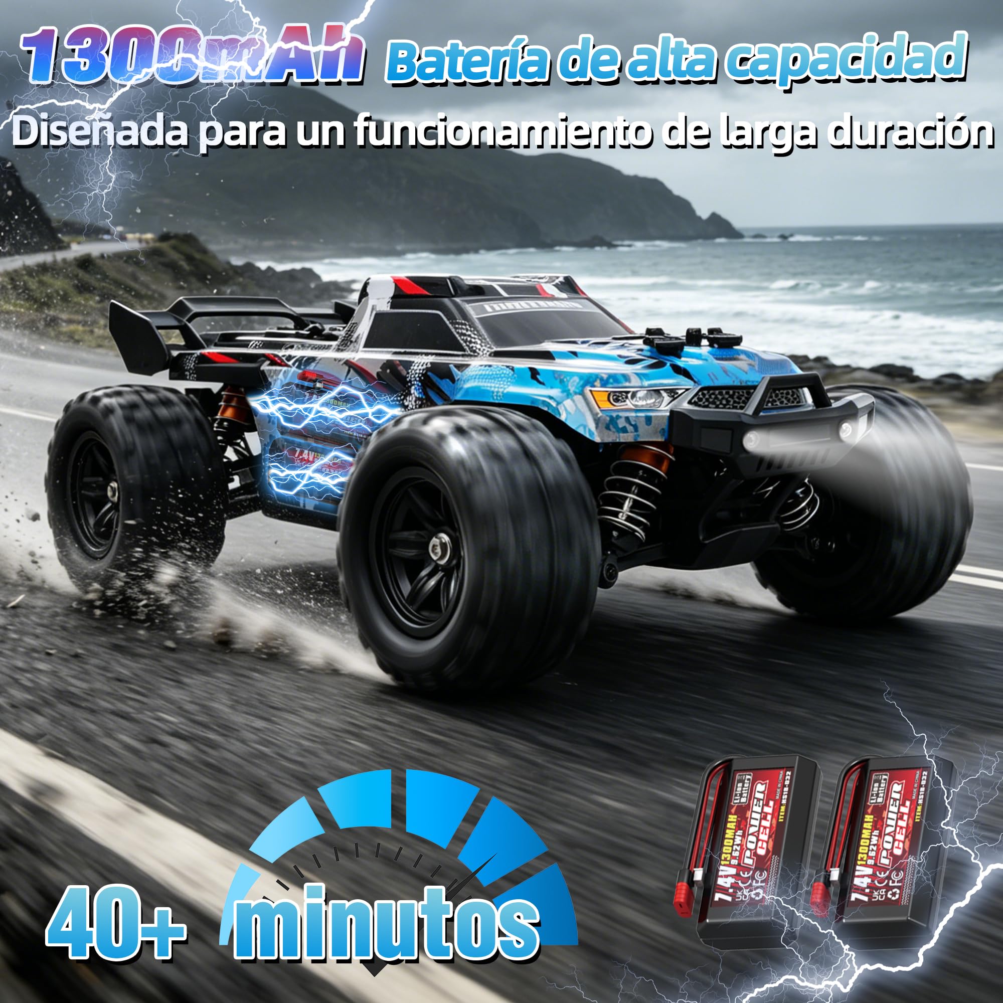 Coche teledirigido - 1:18 4WD Rc Auto 40KMH de alta velocidad 2,4 GHz Camión todoterreno con amortiguadores de metal y engranajes de metal con dos baterías para adultos y niños – Azul