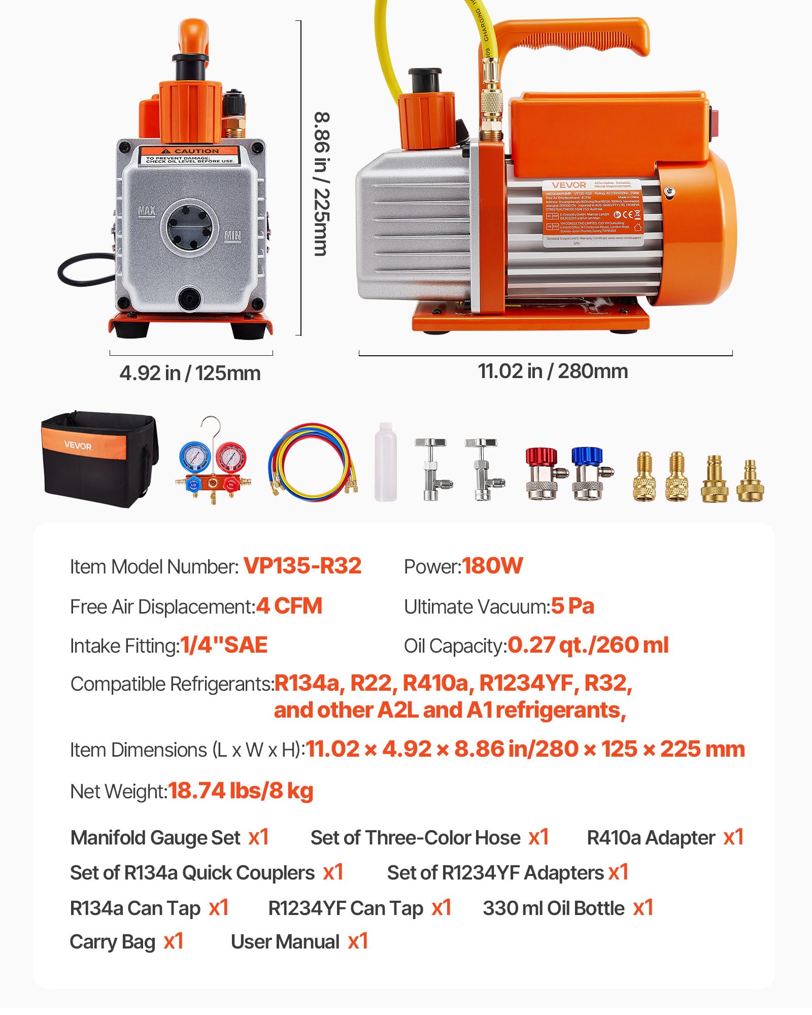 VEVOR Bomba de Vacío 115 L/min Manómetro Aire Acondicionado Una Sola Etapa Paletas Rotativas Detector Fugas Bolsa Transporte Refrigerantes R134a R22 R410a R1234YF