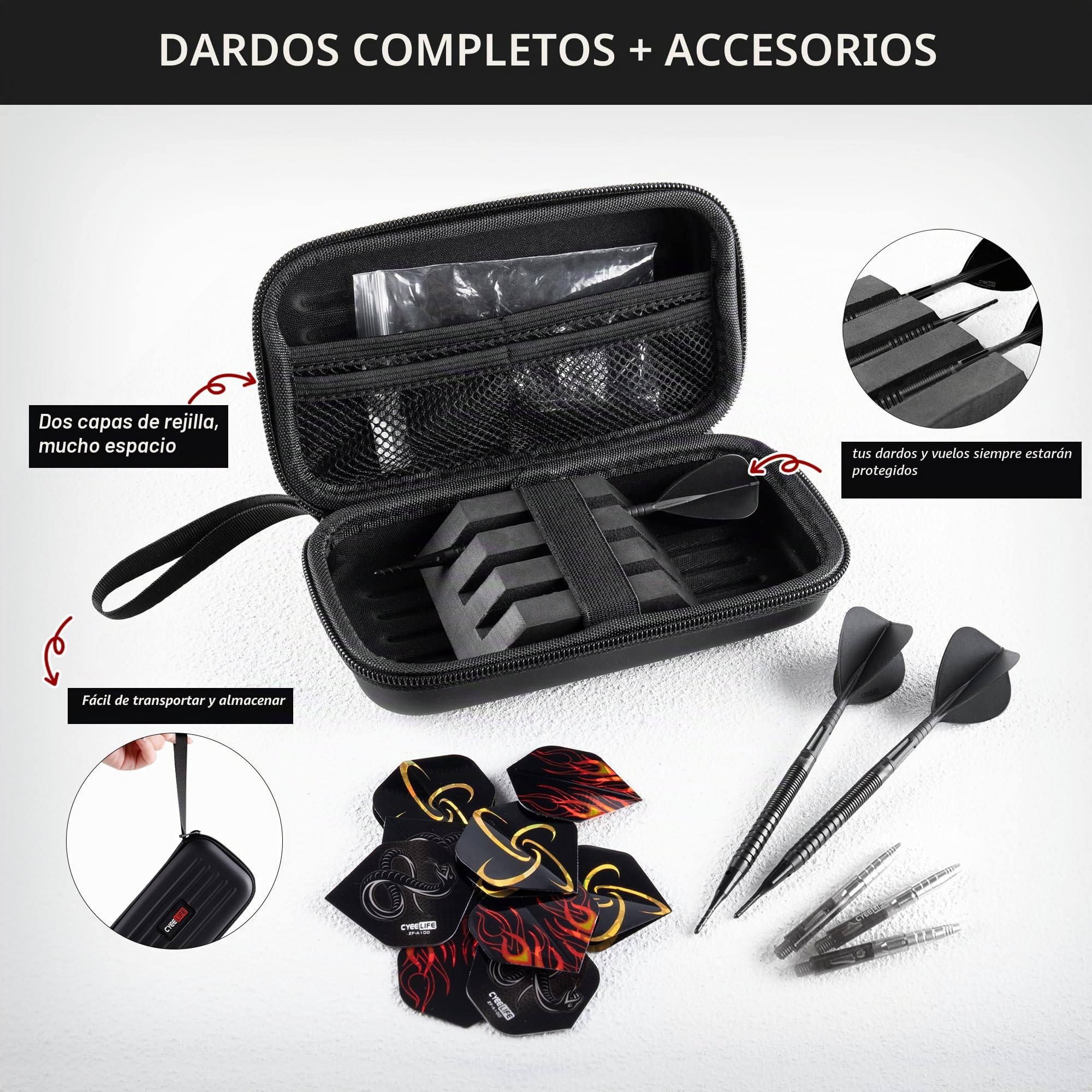 Dardos CyeeLife 90% tungsteno 3 Unidades Juego Profesional con Plumas cañas y Puntas Negro