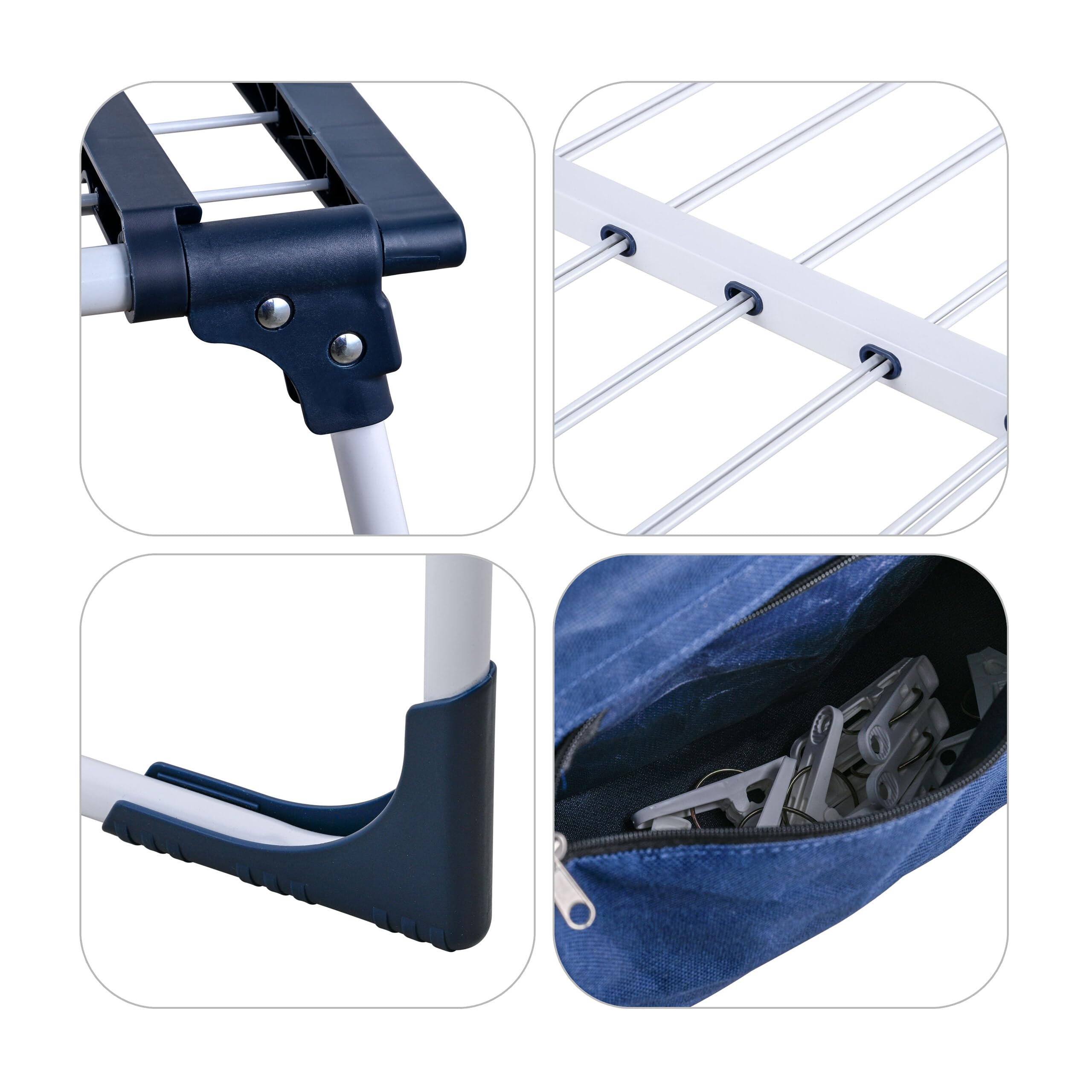 Relaxdays Wäscheständer, klappbar, ausziehbar, weiß/blau | HBT: 96,5x98-161,5x95 cm, Metall, Klammerbeutel, Standtrockner
