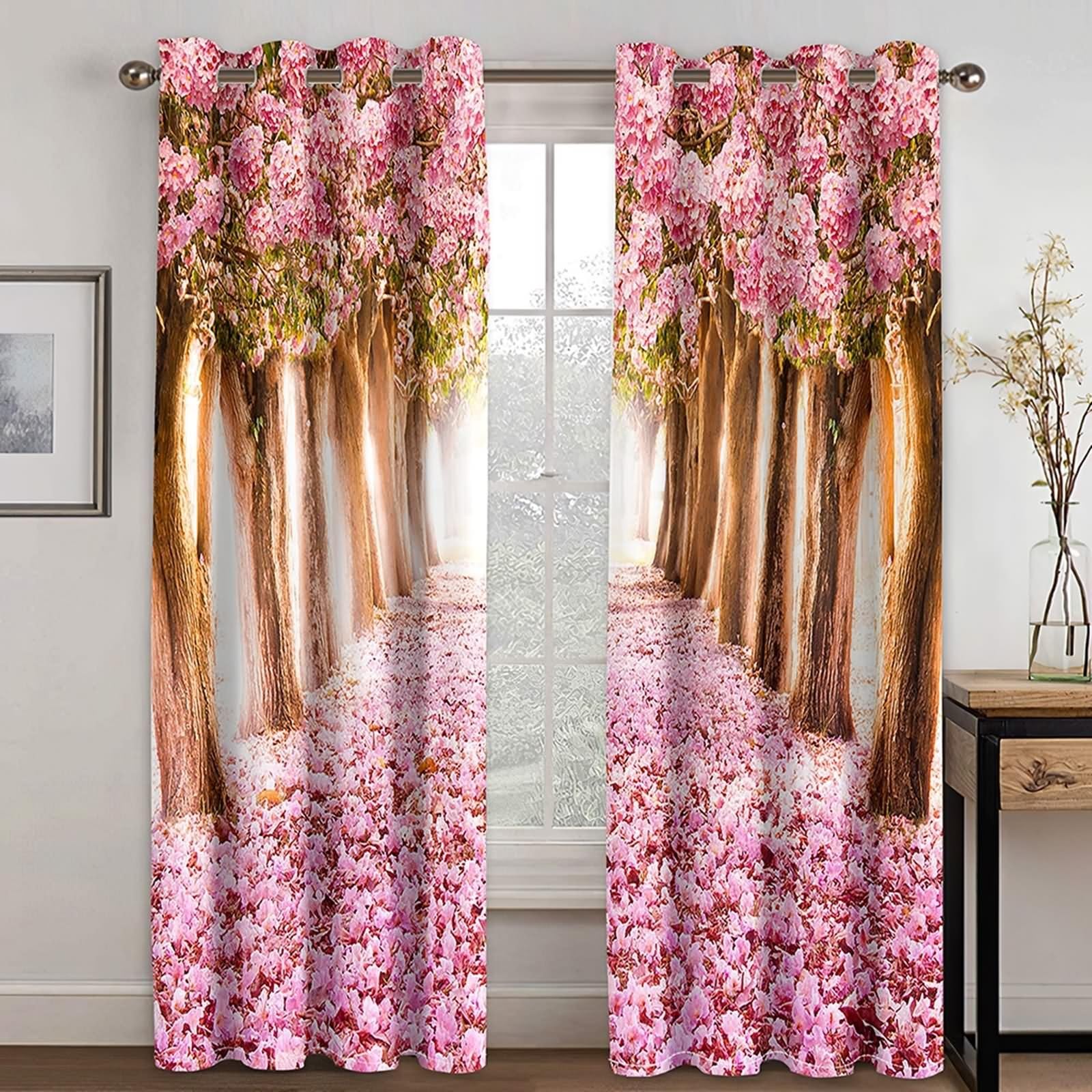 Zasłona okienna, czeska zasłona zaciemniająca różowy brązowy kwiat wiśni krajobraz poliester zestaw 2 szt. 204 x 138 cm