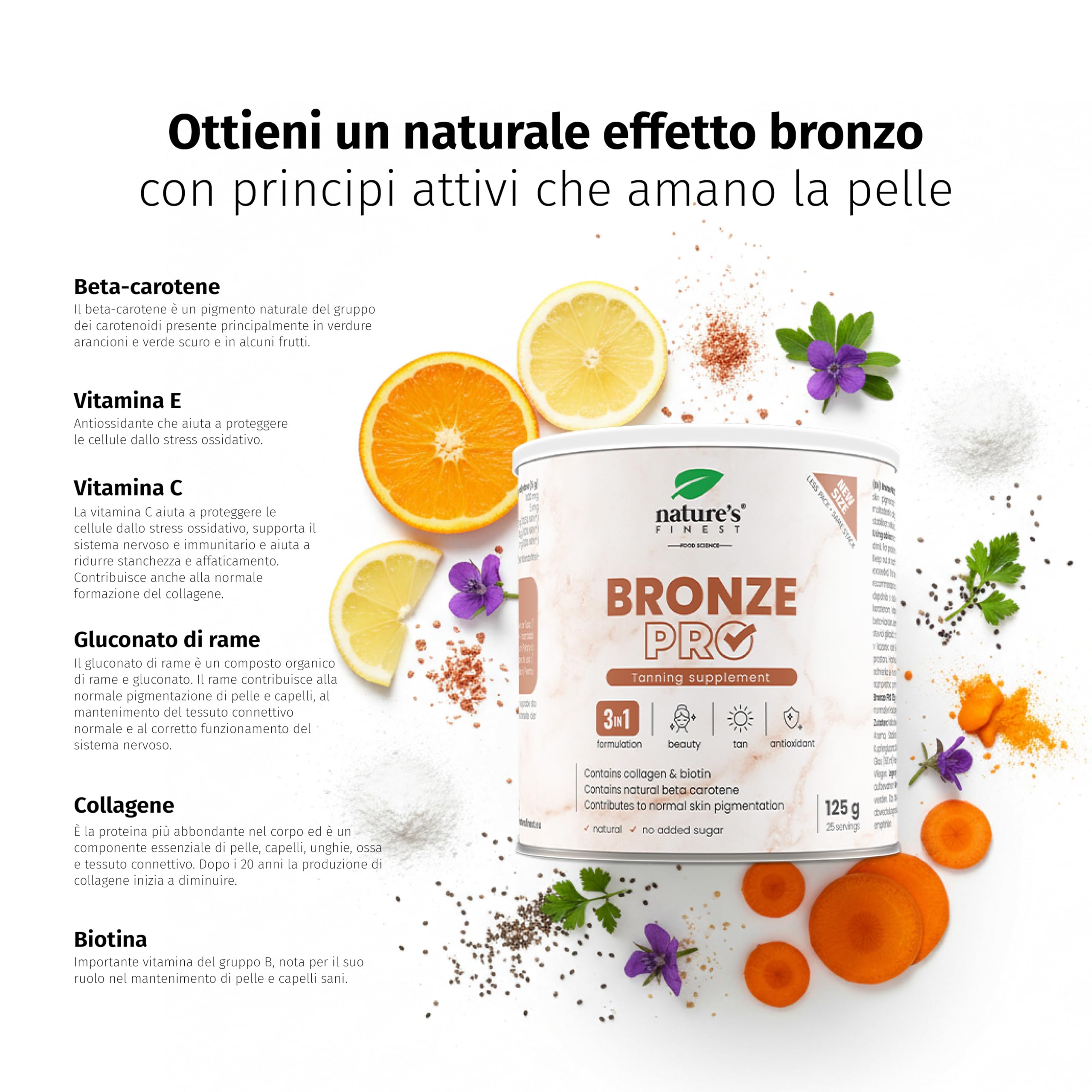 Nature's Finest Bronze PRO - Integratore Solare con Betacarotene Ultra Attivo - Abbronzante da Bere per Corpo e Viso - Acceleratore Naturale, Autoabbronzante, Protezione Solare - 125 g