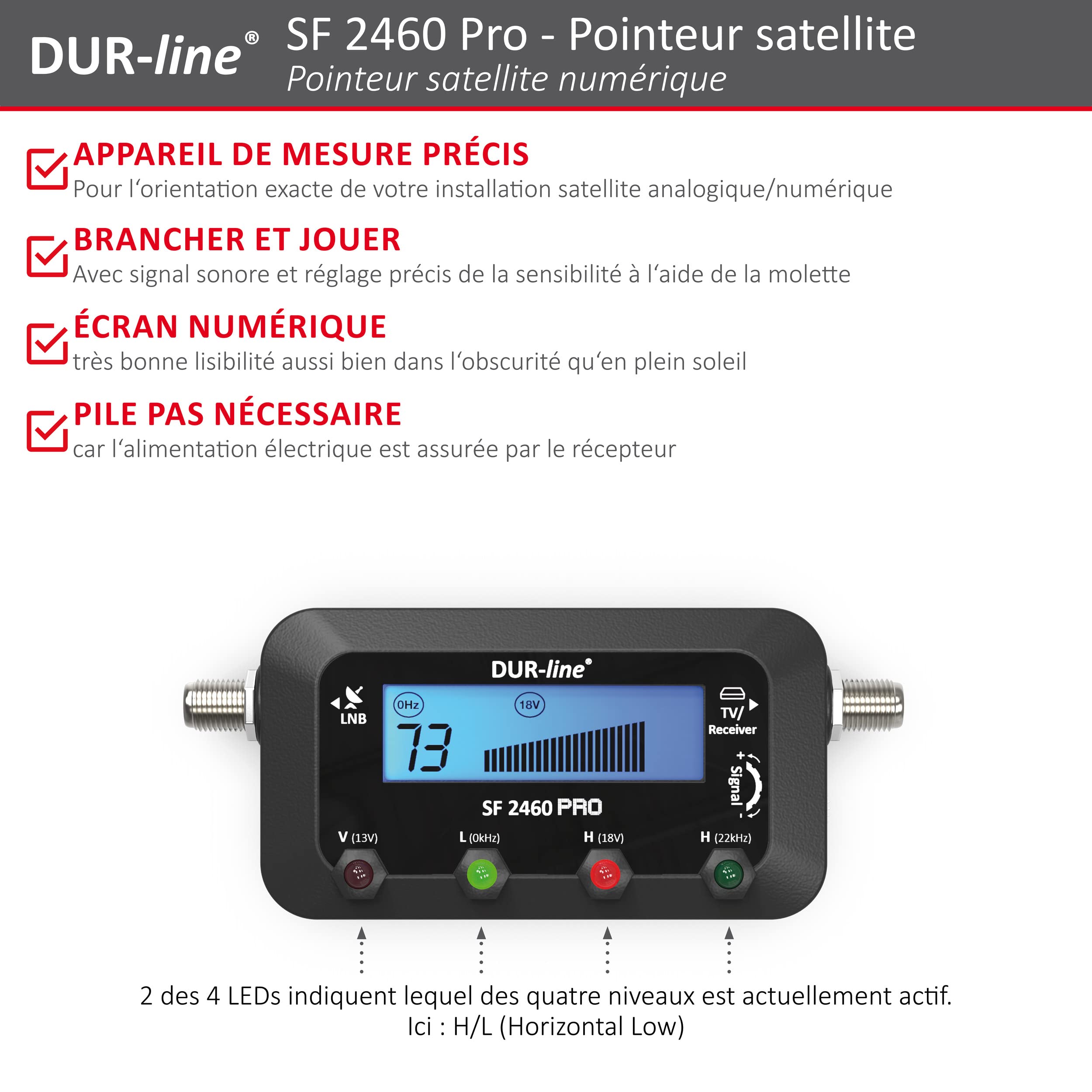 Dur-Line SF 2460 Pro Pointeur Satellite Appareil de Mesure avec câble F Signal sonore écran LCD Astra Hotbird