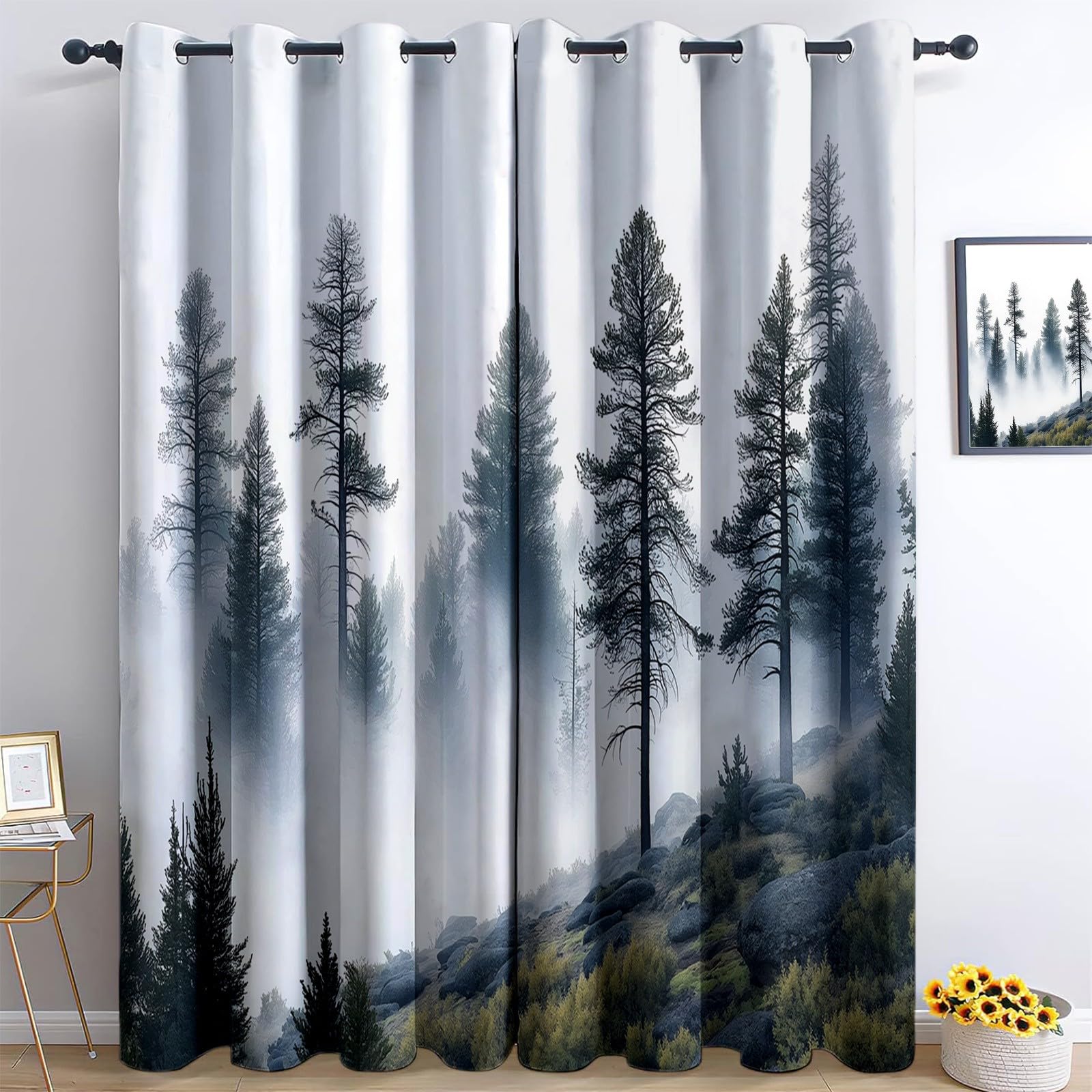 Gardinen Blickdicht 2er Set Malerischer Kiefernwald H 280 x B 140 cm Vorhang Verdunklungsvorhänge, Thermovorhang Kälteschutz, Gardinen mit Ösen, Schallschutz Vorhang