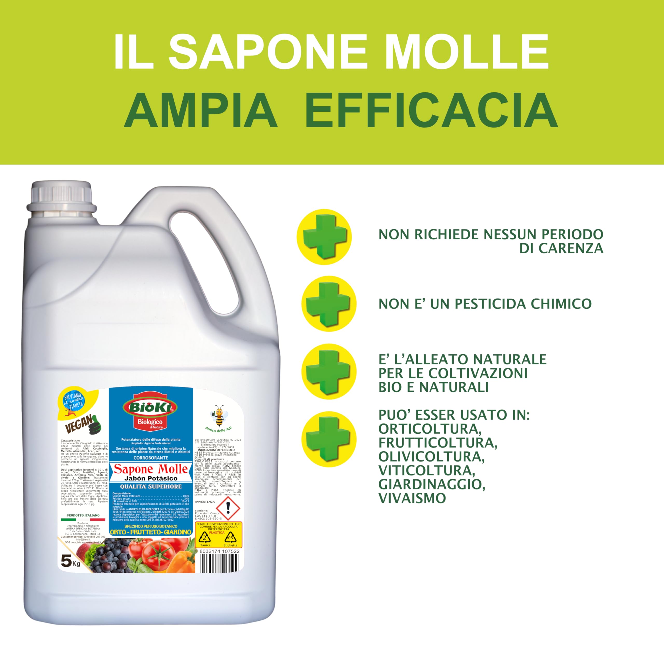 Sapone Molle Potassico Alta concentrazione e Efficacia in presenza di insetti, malattie, fumaggine - lavamelata. FORMATO GRAN RISPARMIO (2 Taniche da 5 Kg)