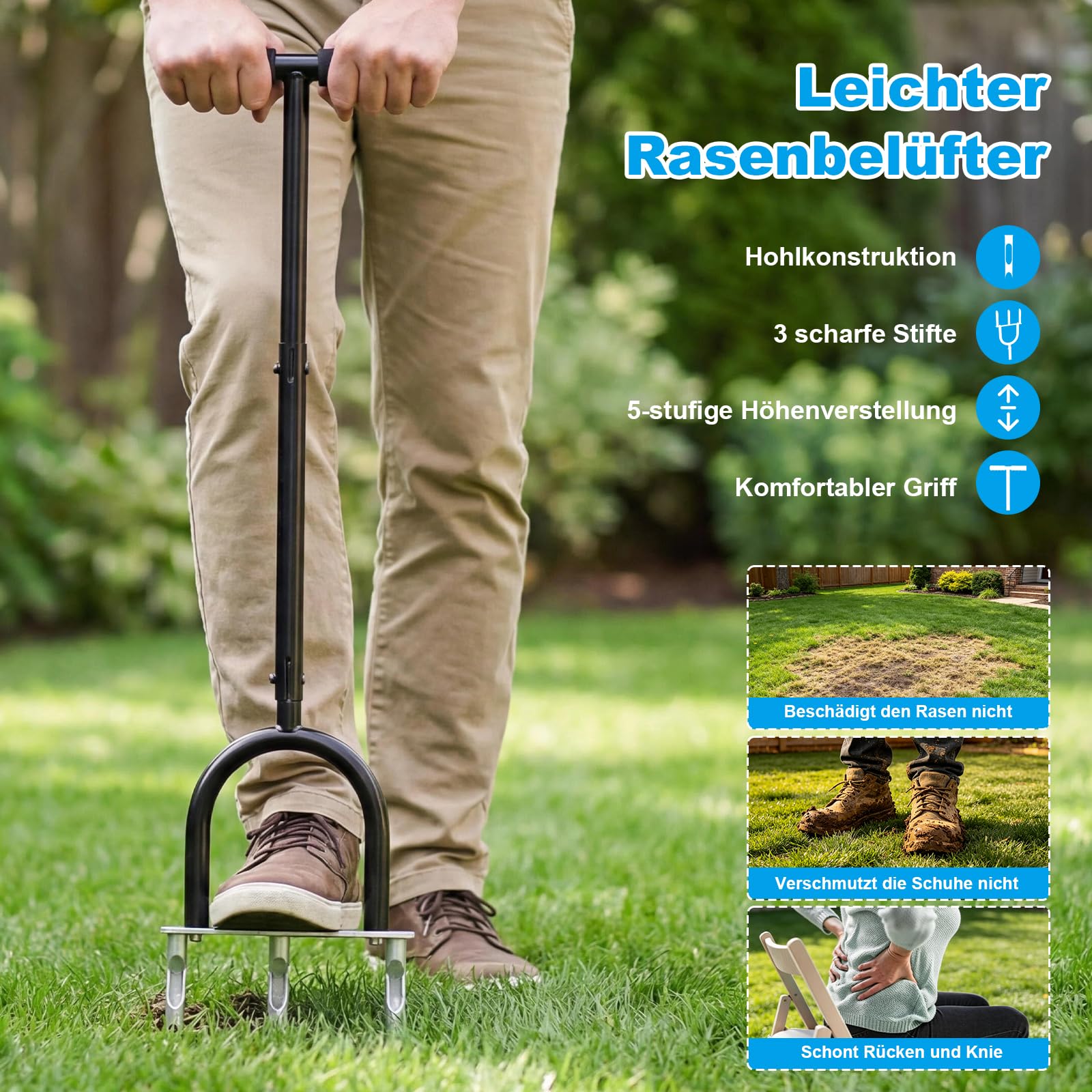 Aerifizierer für Rasen | 3 Zinken Hohlzinken, Manueller Rasenbelüfter - Gartengerät zum Rasen Belüften und Auflockern, Verstopfungsfrei für Brechen Sie die Bodenknoten & Rasenpflege