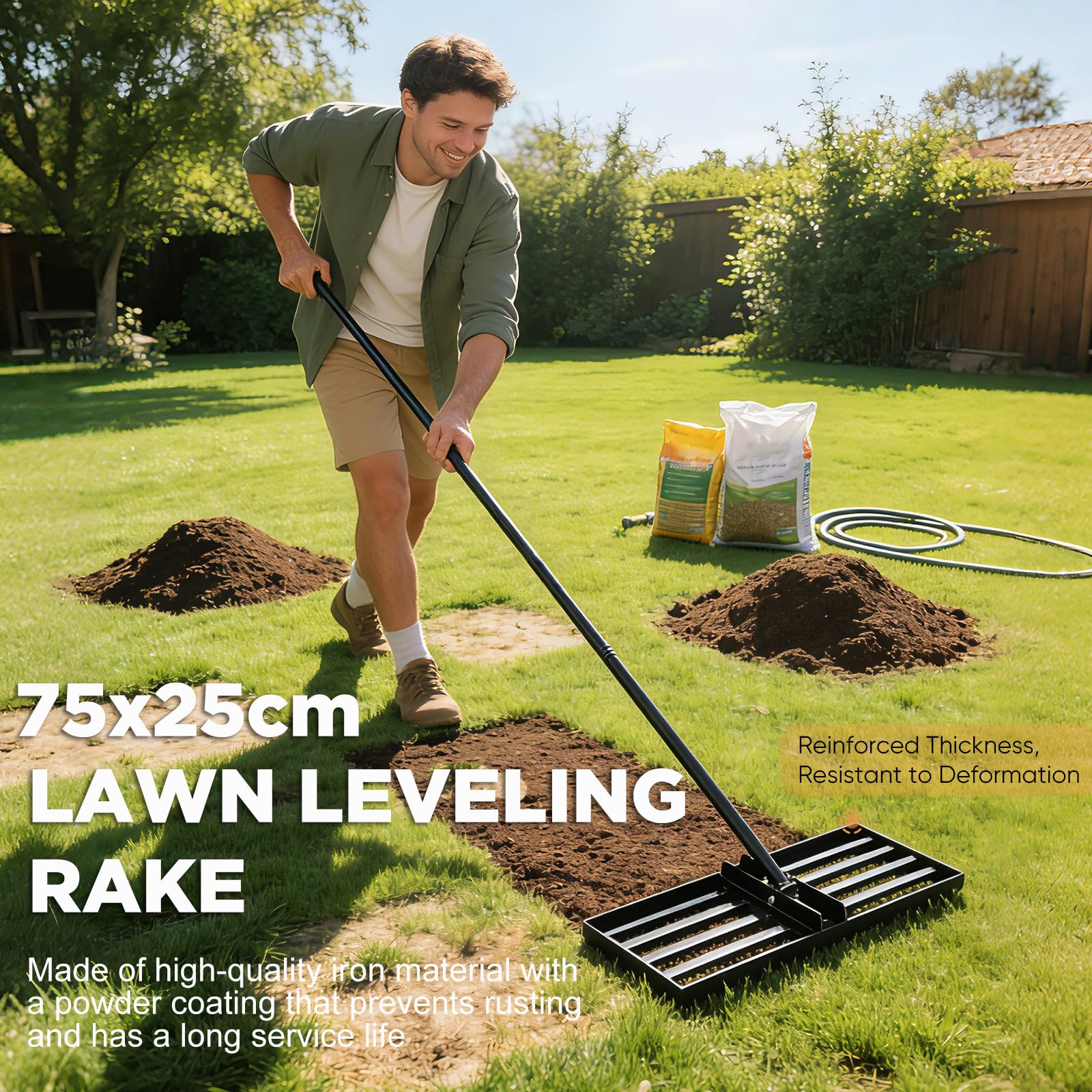 Lawn Levelling Rake uk with 200cm Long Handle, 75x25cm Leveling Base Ergonomic Effort Saving Garden Lawn Level Tool, Landscape Rake Soil Sand Dirt Ground Leveler Tool for Patio Yard Garden Golf Course — view 3