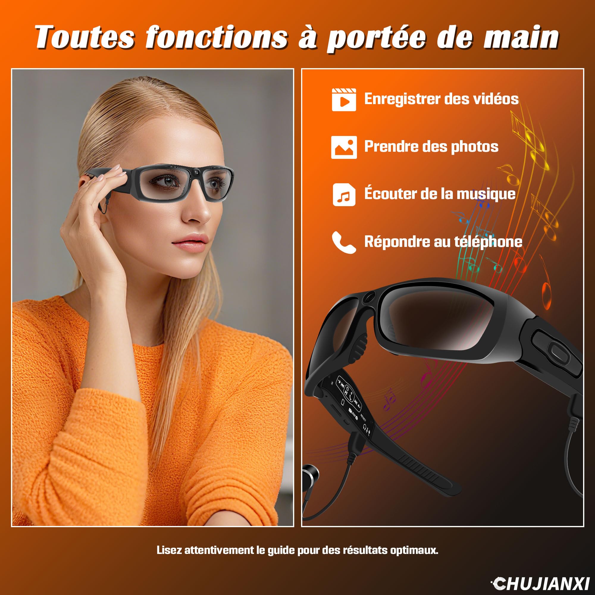 Lunette Camera Bluetooth, Techno-Avancées Camera Espion 1080P