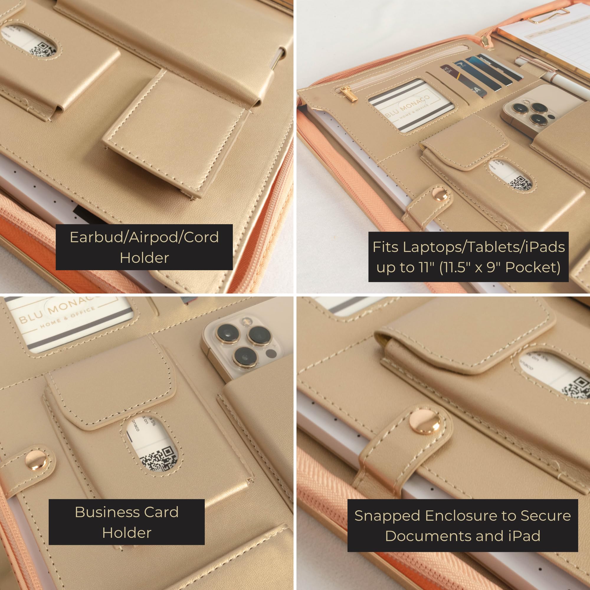BLU MONACO, Raccoglitore in pelle vegana beige pesca, professionale, con chiusura magnetica e finiture dorate, 21,5 x 28,5 cm, custodia organizer da donna