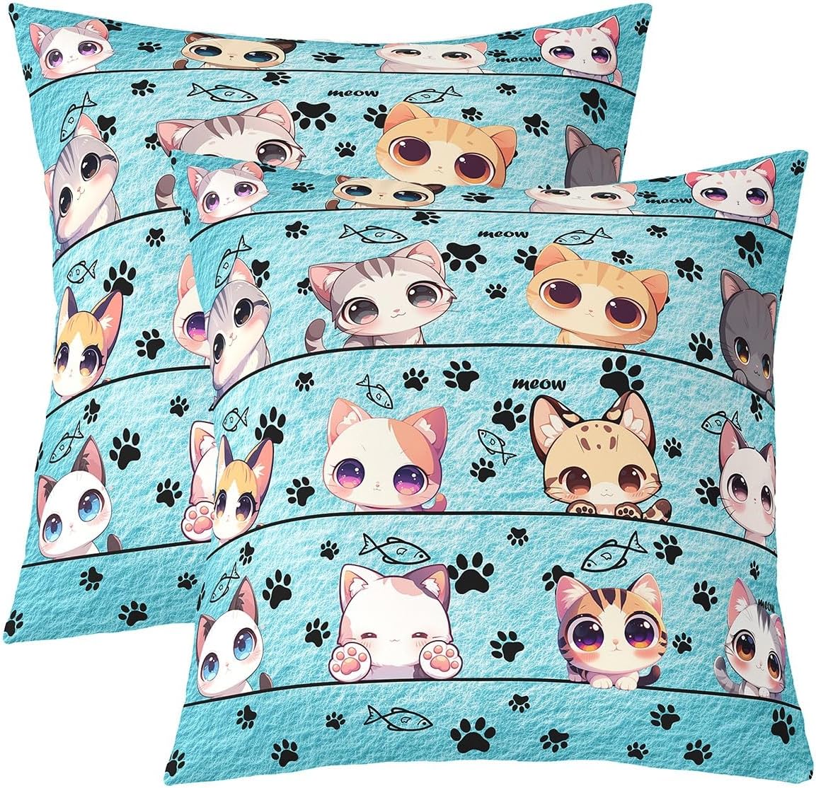 Kawaii Style Pets Lover Pillow Cover,Cute Kitten Cat Decorative Cushion Cover Reversible Print for Bed or Sofa,Cartoon Animals Couch Pillow Cover,2 Pack 24"x 24"