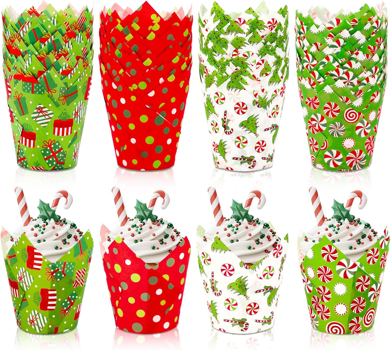 FYSUIMU 200Pcs Christmas Tulip Cupcake Liners Funny Cartoon Character Muffin Baking Cups Xmas Red Green Cupcake Wrappers for Winter Holiday Birthday Wedding Party Supplies Table Decor