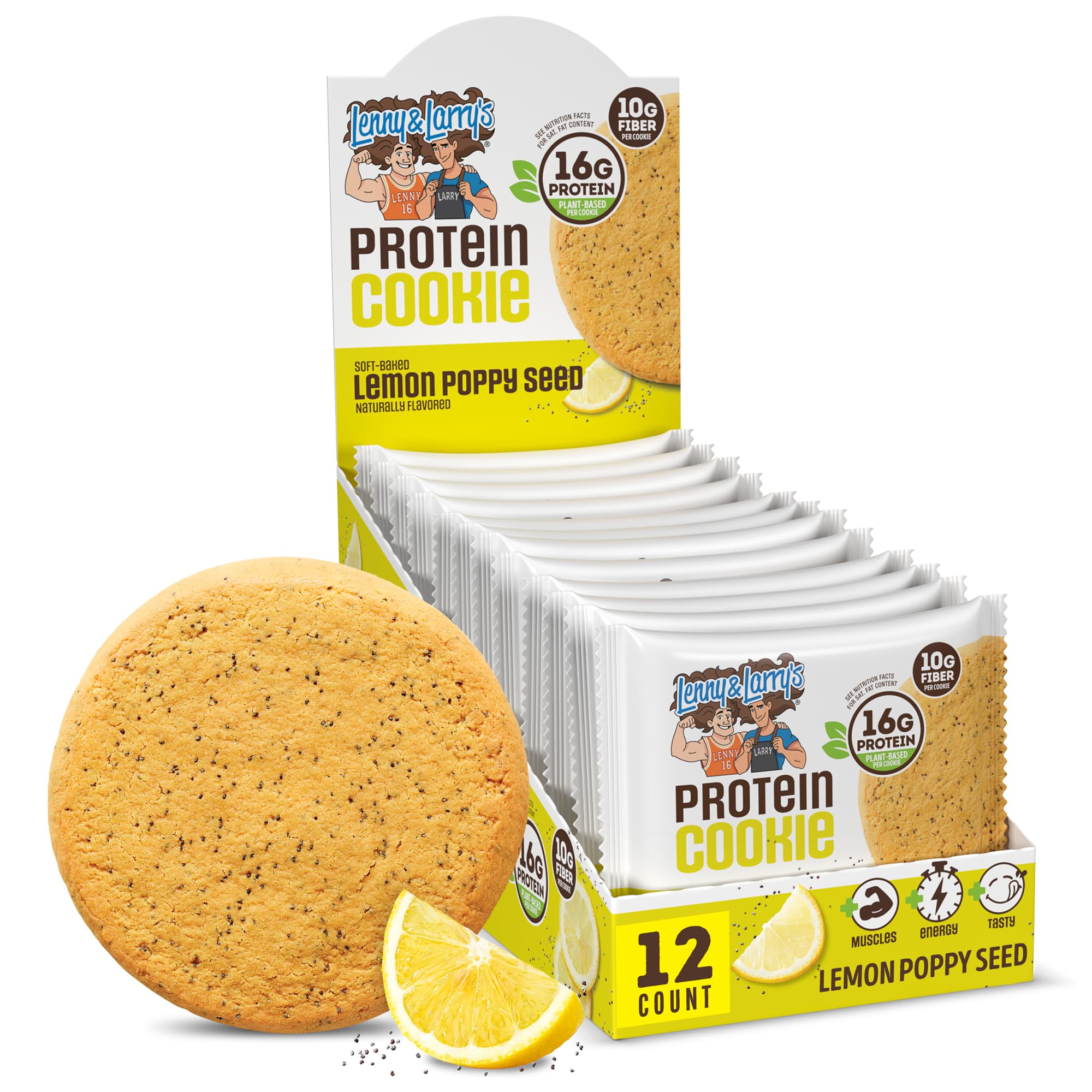 Lenny & Larry's Protein Cookie, Lemon Poppy Seed – High Protein Snacks with 16g Plant Protein, 10g Fiber, Soft-Baked, Vegan, Non-GMO | 4oz, Pack of 12
