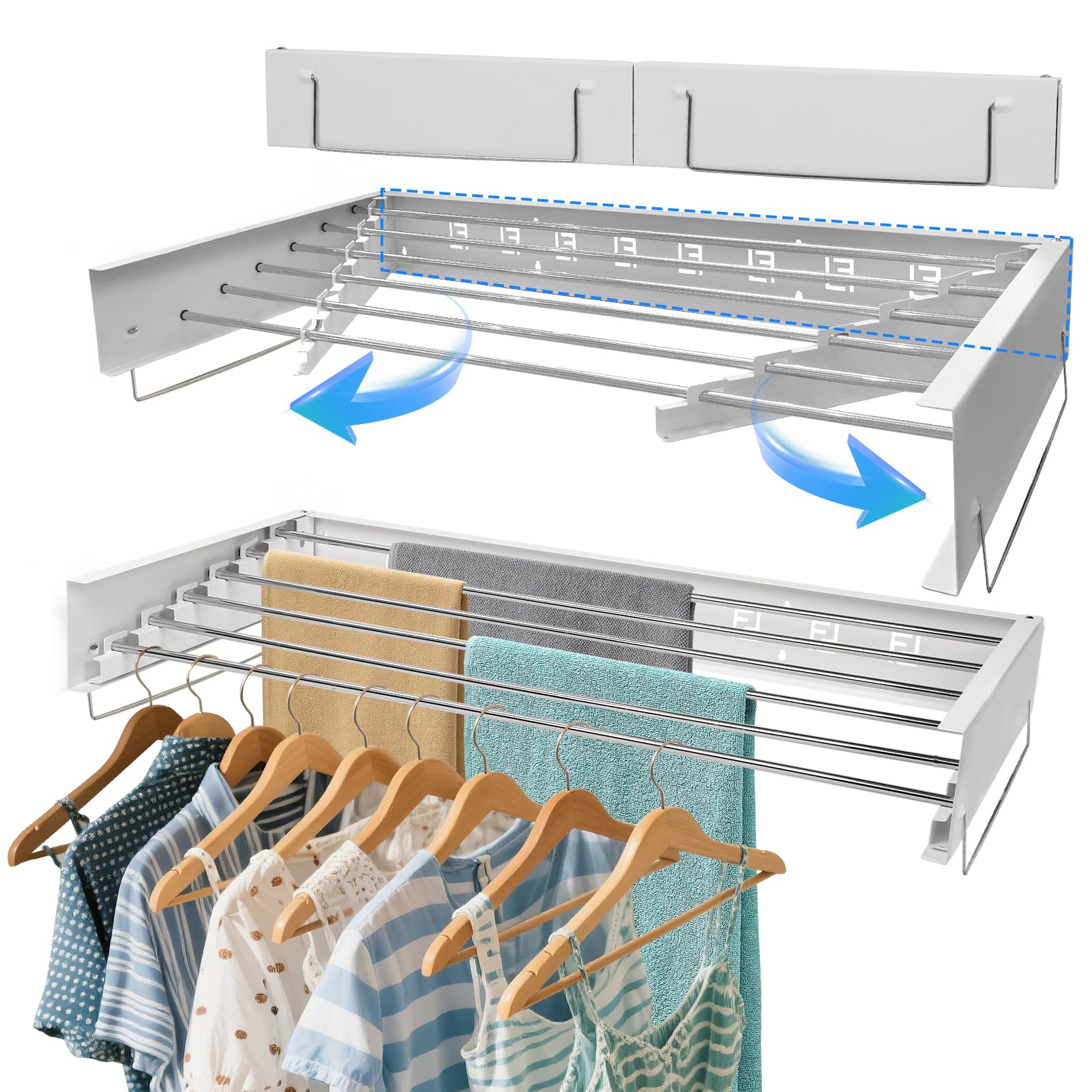 Etendoir a linge mural, sechoir linge mural pour sécher les vêtements, 39,4'', capacité de charge de 110 lb, avec gabarit mural, tournevis, foret pour organisation intérieure et extérieure (100cm)