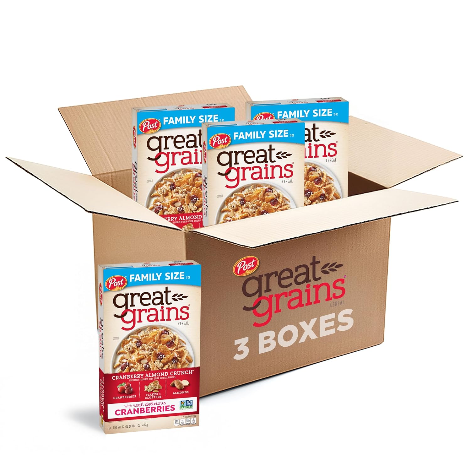 Great Grains Cranberry Almond Crunch Breakfast Cereal for Adults, Dried Cranberries and Almonds, Made with Whole Grain, Non-GMO, Heart Healthy, 17 OZ Box (Pack of 3)