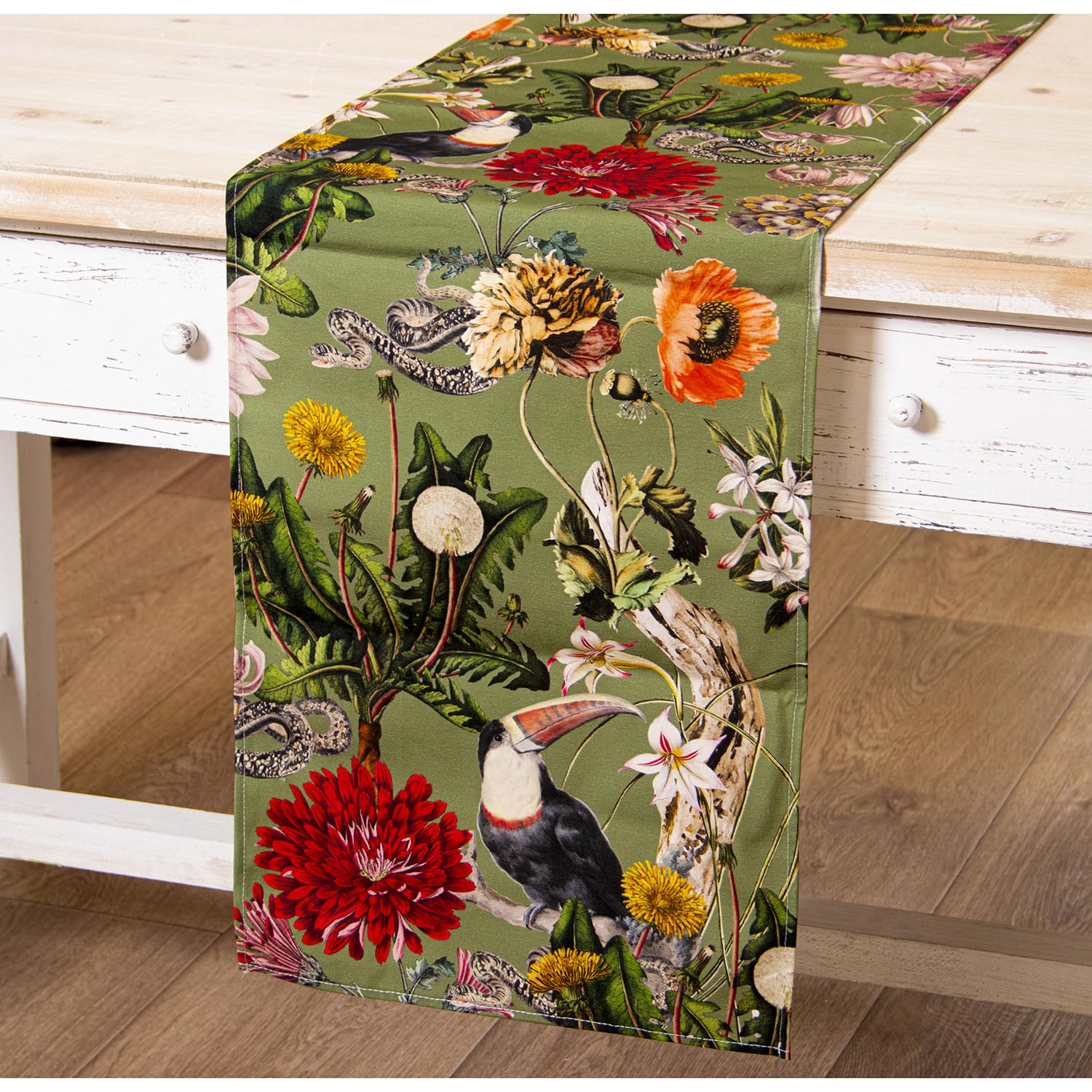 Chemin de table fleurs vert coton 33x180 cm pour repas de printemps