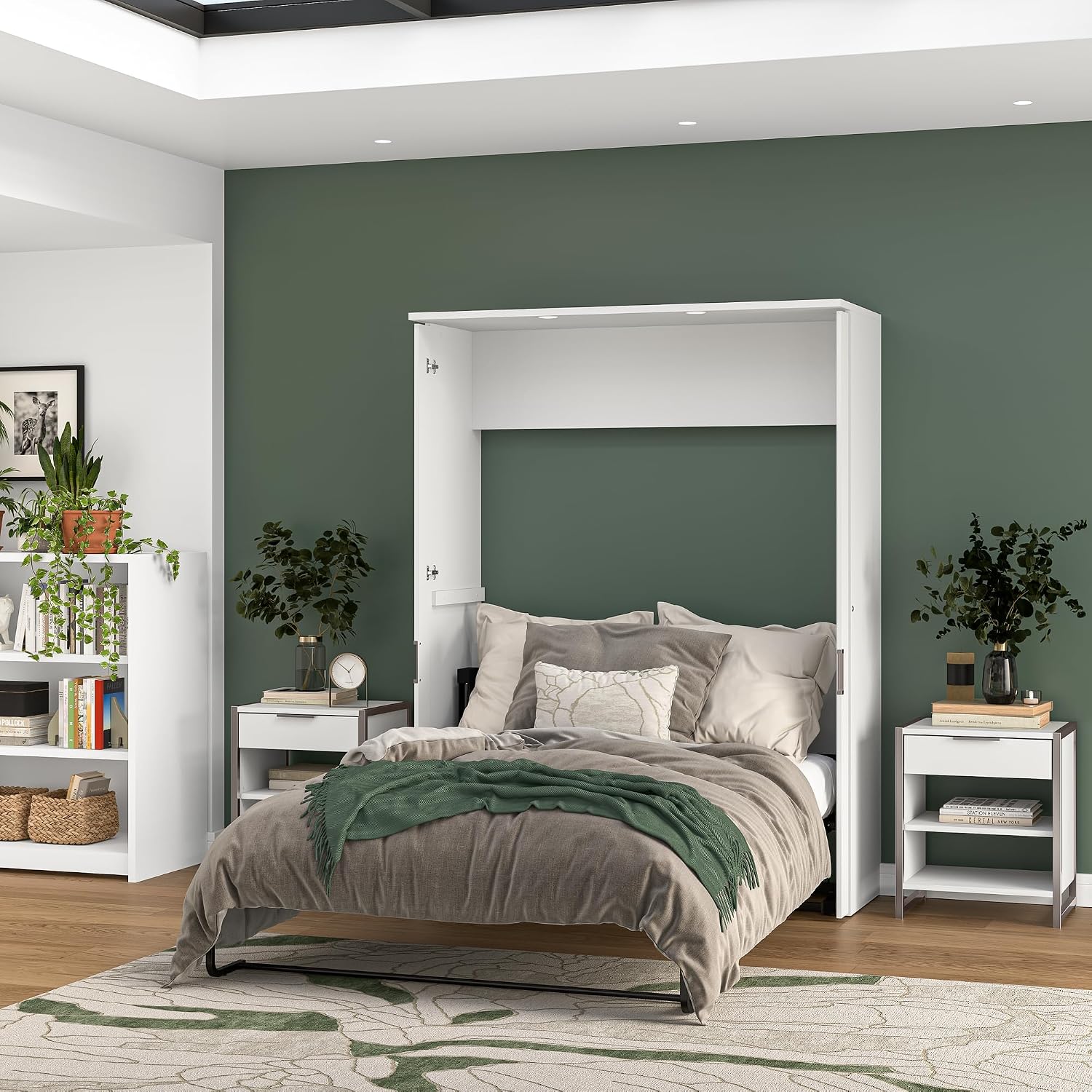 Bestar Lumina 61W Full Murphy Bed with Desk in White, Sleeping Arrangement for Guest Room and Home Office