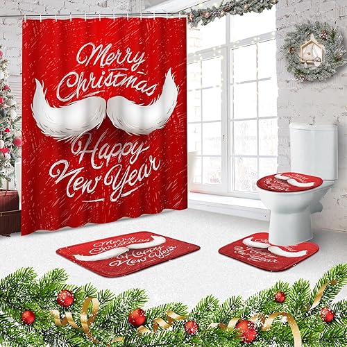 Miniatura 5 de ArtSocket Juegos de baño de Papá Noel con cortina de ducha y alfombras y accesorios, juegos de cortinas de ducha de Feliz Navidad, lindas cortinas