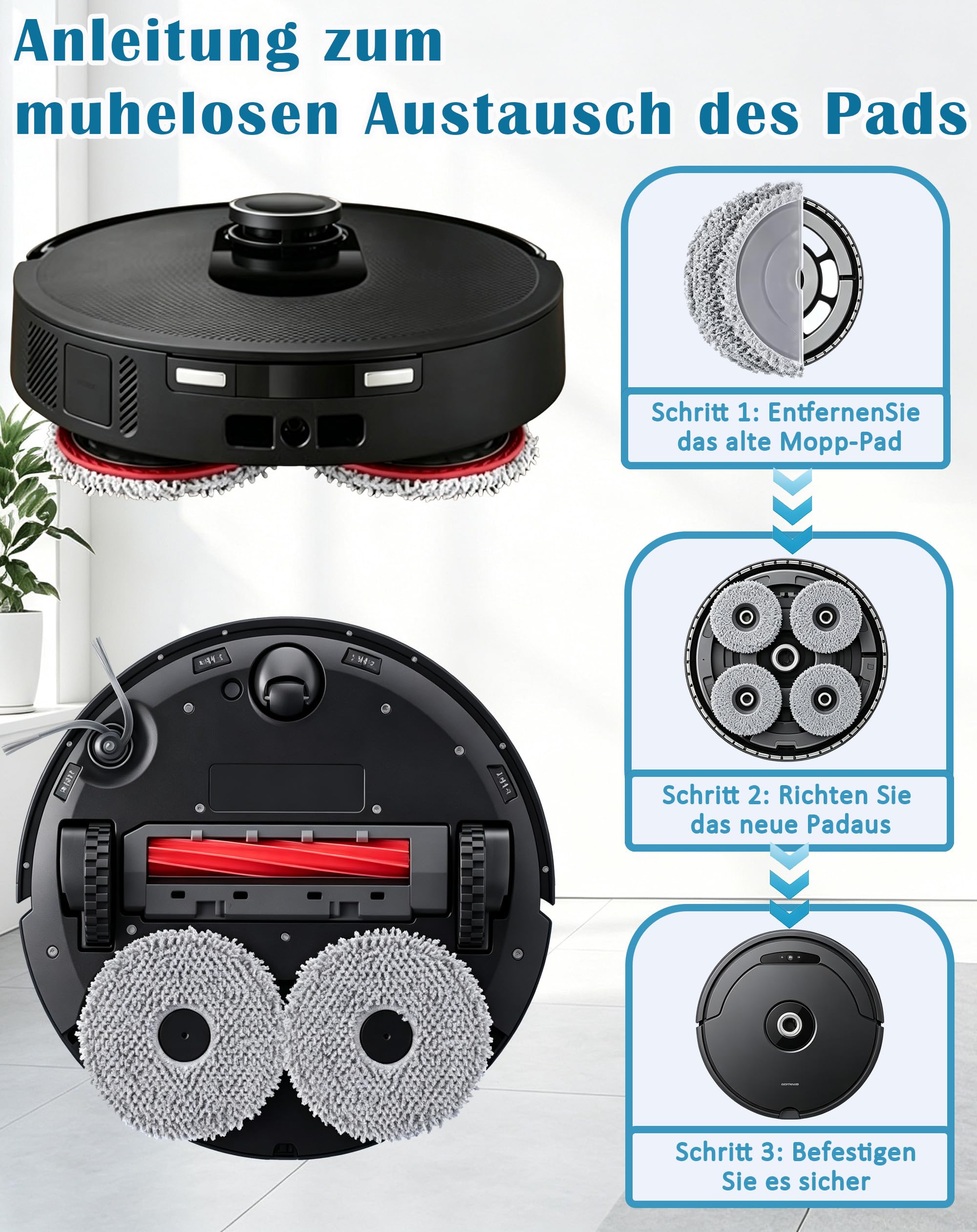 BHZRMP3 - Juego de 6 almohadillas de repuesto con función rotativa compatibles con aspiradoras Bosch BCRDW3B y BCRDW3BX Spotless Max/Cam, limpieza en húmedo eficiente para todo tipo de suelos duros