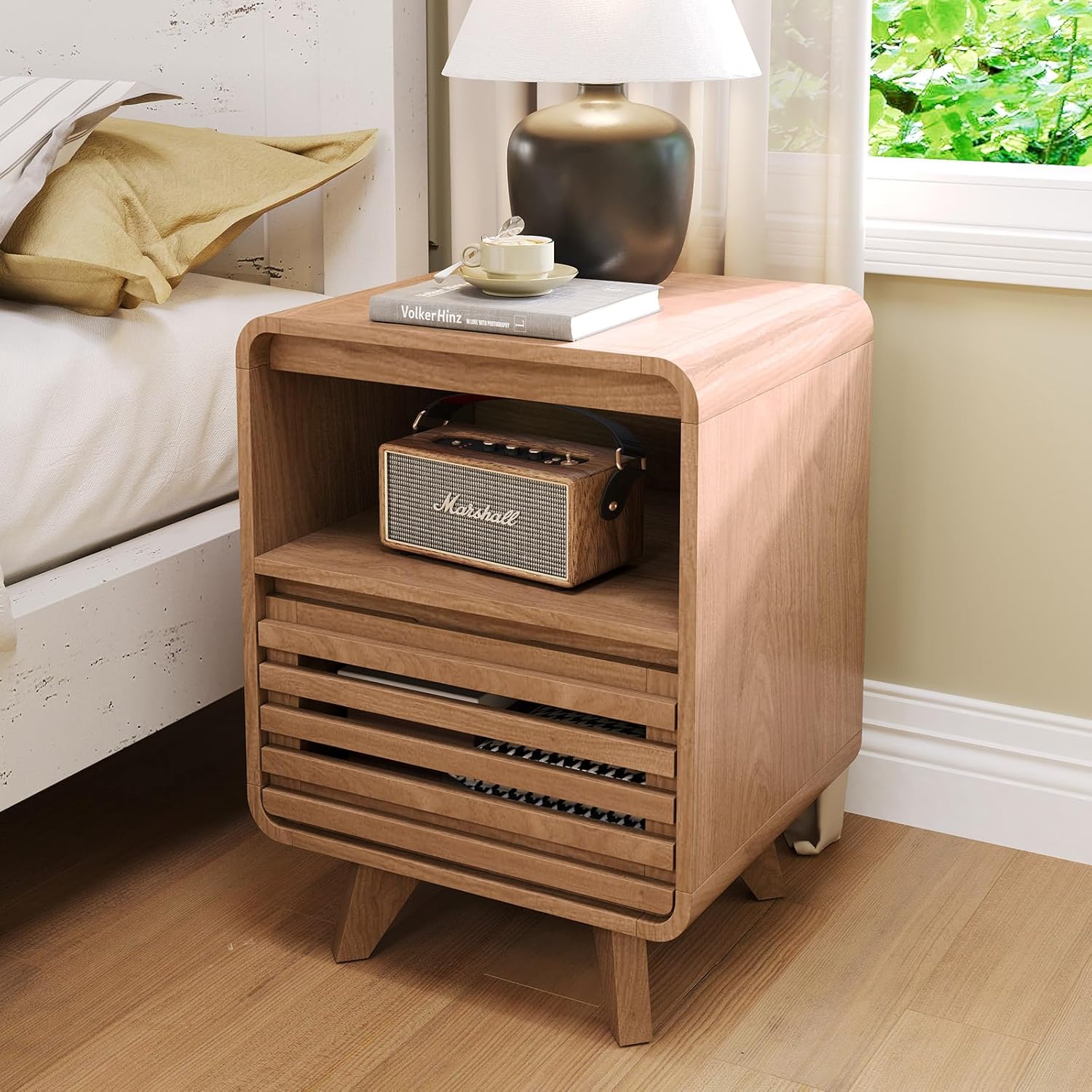 Nightstand with Drawer and Open Shelf, 24" Tall End Table with Storage for Bedroom, Living Room and Small Spaces, Wood Grain Side Table with Rounded Design, Oak