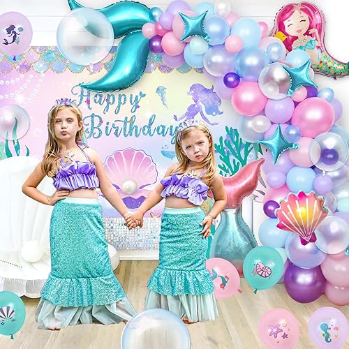 Miniatura 6 de Winrayk Decoraciones de fiesta de Sirenita suministros de cumpleaños para niñas, arco de globos rosa morado y mantel de telón de fondo y globo de