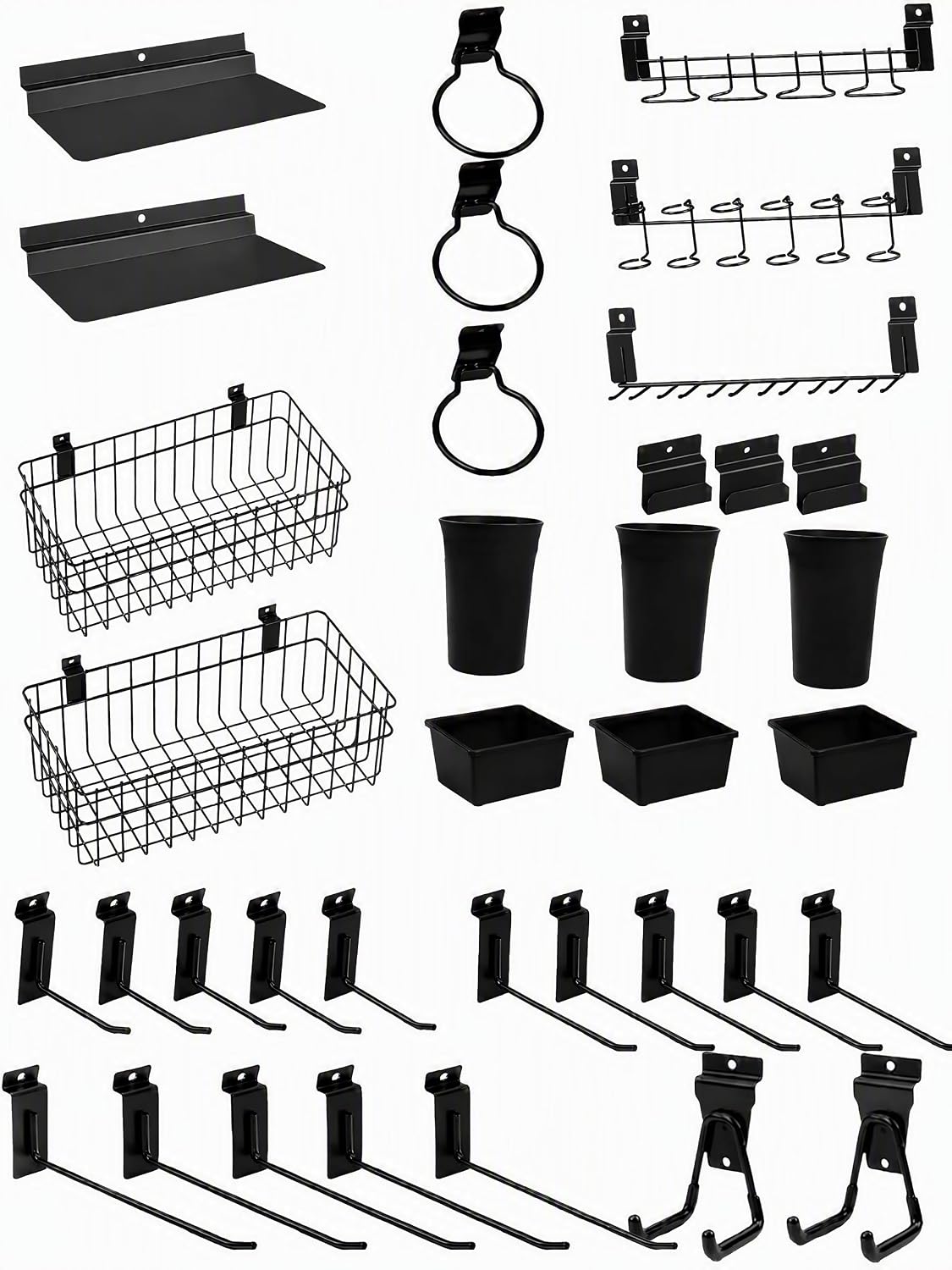 Slatwall Accessories Set 30PCS with Slatwall Baskets, Slat Wall Hooks, Slatwall Shelves, Slatwall Bins & Cups, Heavy Duty Slat Wall Accessory for Garage Room Shop Organizing Display (Black)
