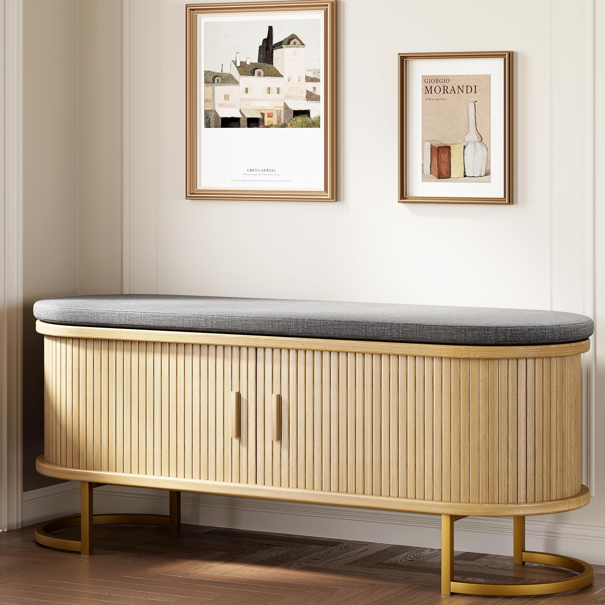 Photo 1 of [Missing 1 Box] Decofy 47.2'' Entryway Storage Bench Seat with Sliding Door, Large Shoe Bench with Sturdy Metal Feet & Soft Cushion, Multi-Scene Use for Entrance, Bedroom & Living Room?Oak?