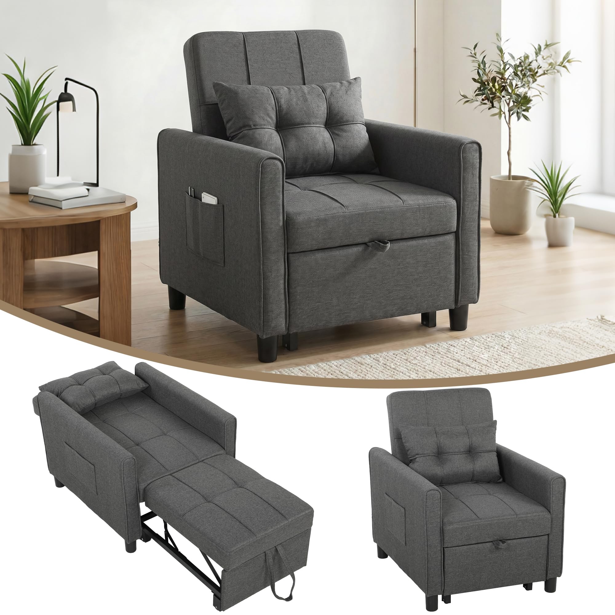 HOMCOM Poltrona Letto Singolo 3 in 1 Pieghevole, Schienale Regolabile 3 Posizioni, Cuscino, Divano Letto Imbottito Salvaspazio in Tessuto Effetto Lino e Legno con Ruote, Tasche, 69x82x85cm, Grigio