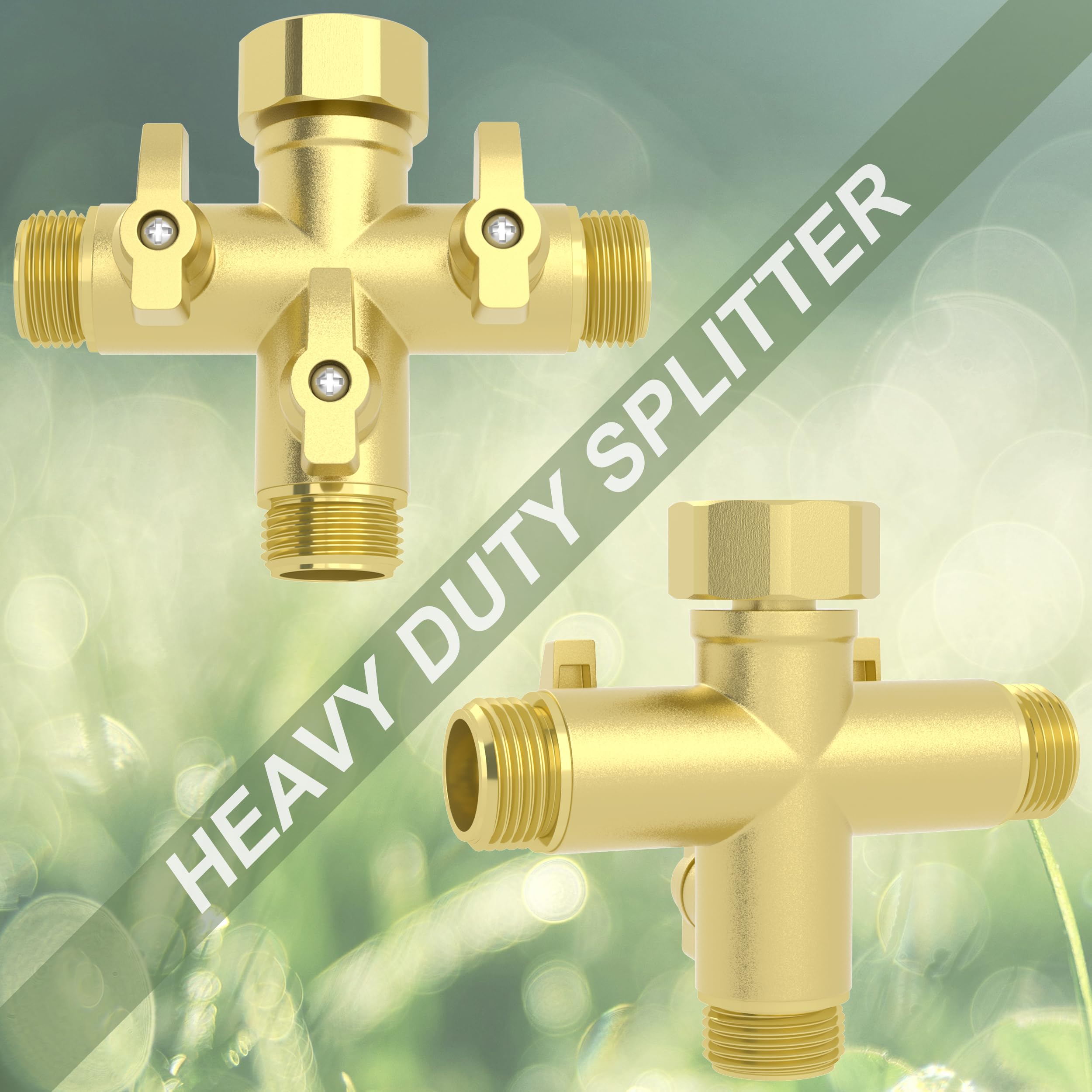 YANWOO Splitter per tubo da giardino a 3 vie in metallo resistente con valvole di intercettazione, connettori per rubinetto ad alto flusso da 3/4" con 4 rondelle extra in silicone