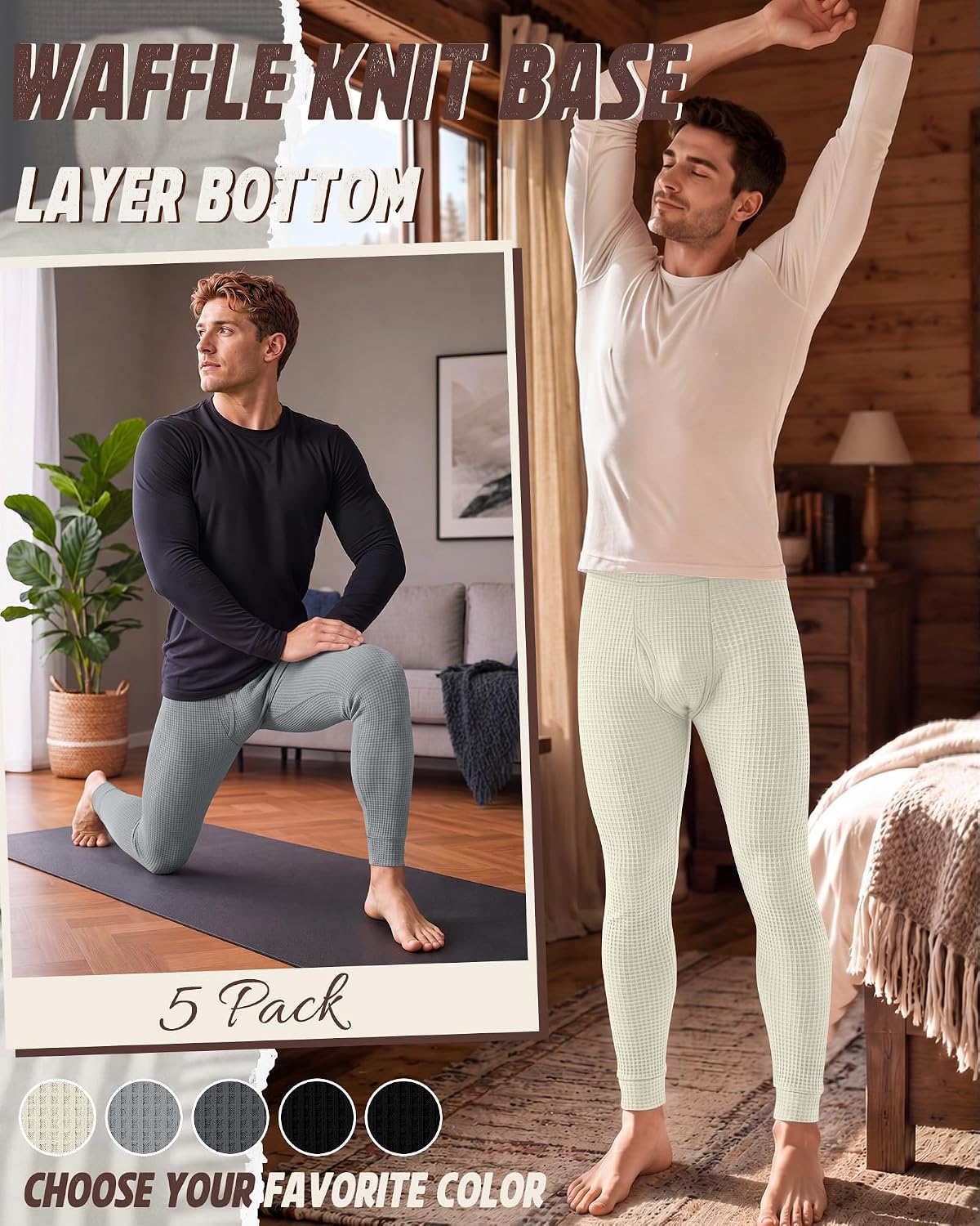 Ficerd 5 Pack Mens Thermal Waffle Knit Long Underwear