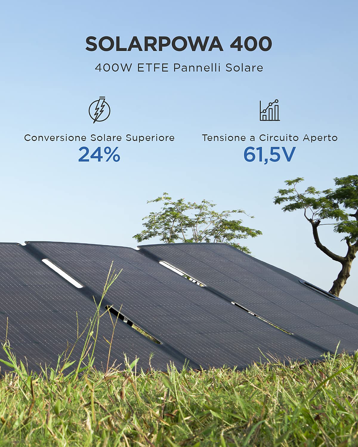 BigBlue 400W Pannello Solare Pieghevole ETFE 51,3V/7,8A Caricabatterie Solare Portatile IP68 con Supporto per Generatore Portatile (CELLPOWA 2500 ECC.) Giardino, Balcone, Campeggio