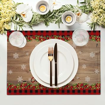 Merry Christmas Placemats Set of 4 18 x 12, Winter Xmas Tree Snowflake Red Plaid Table Mats Heat-Resisting Non Slip Reversible Burlap Coffee Place Mats for Party Dining Table Kitchen Decor