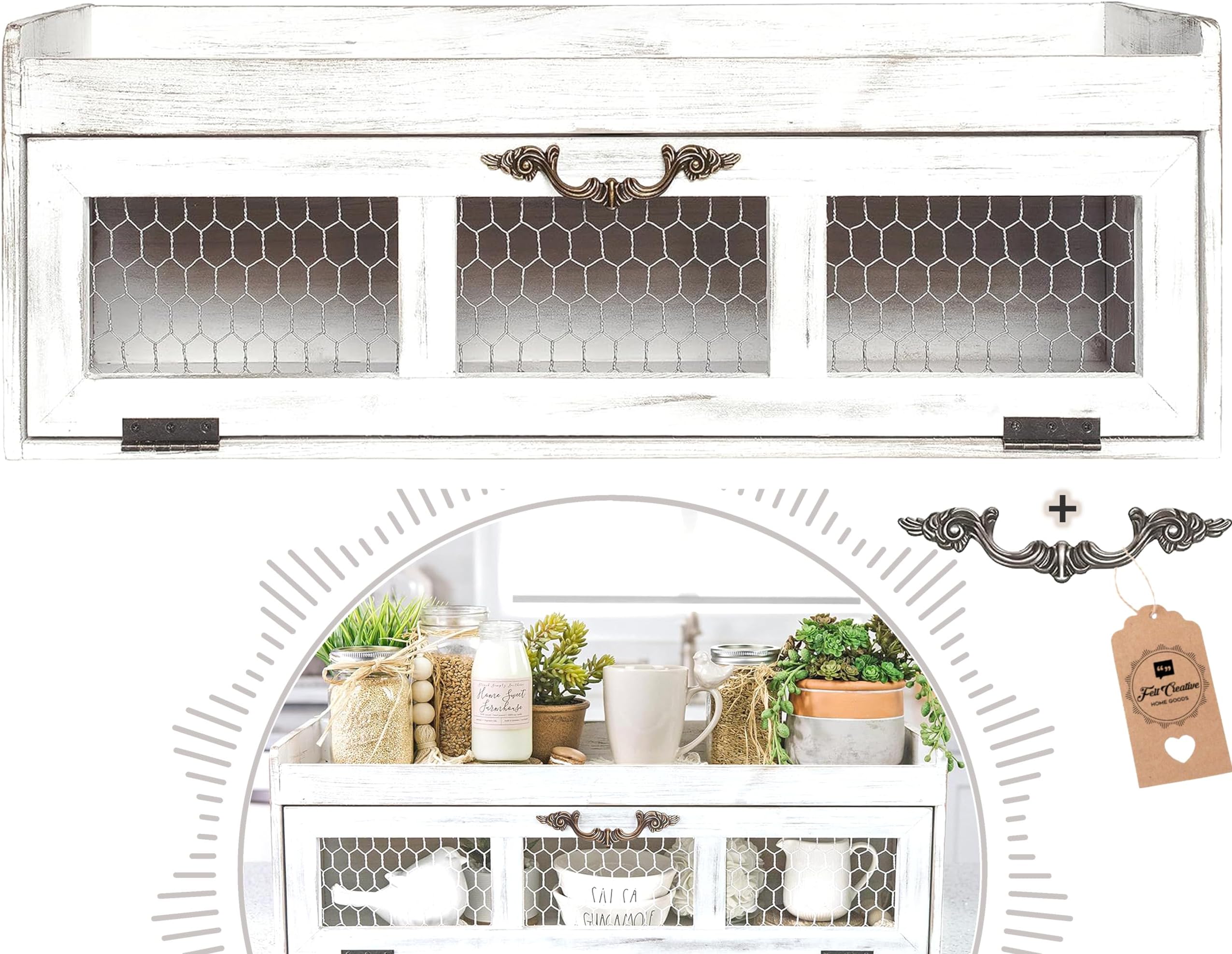 Felt Creative Home Goods Farmhouse Chicken Wire Countertop Shelving Organizer - Decorative Kitchen Pantry Storage Cabinet - Rustic Counter Storage Display - Country Kitchen Island Decor - White